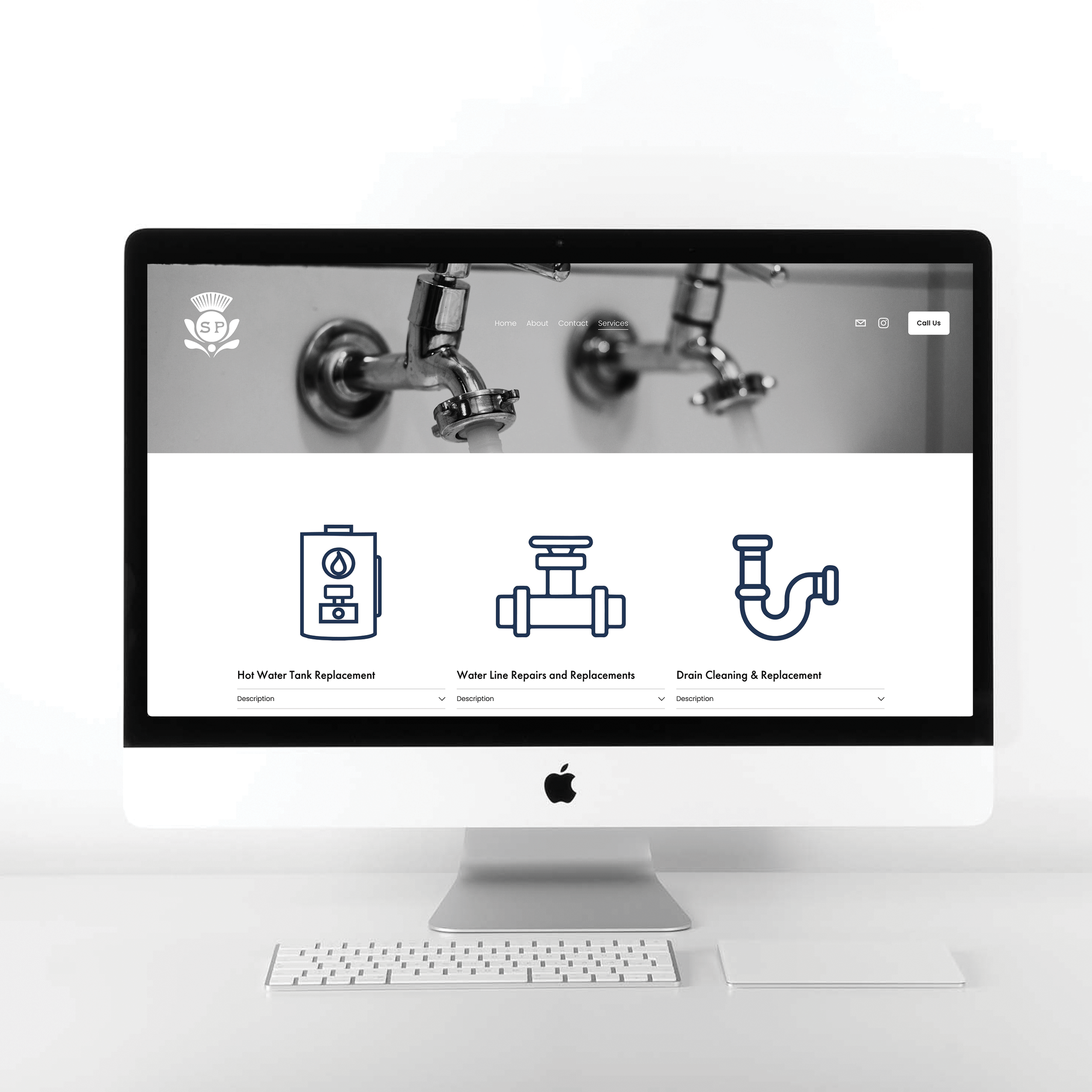An iMac computer displaying a website with plumbing services, including hot water tank replacement, water line repairs, and drain cleaning, with a black and white header image of faucet handles.