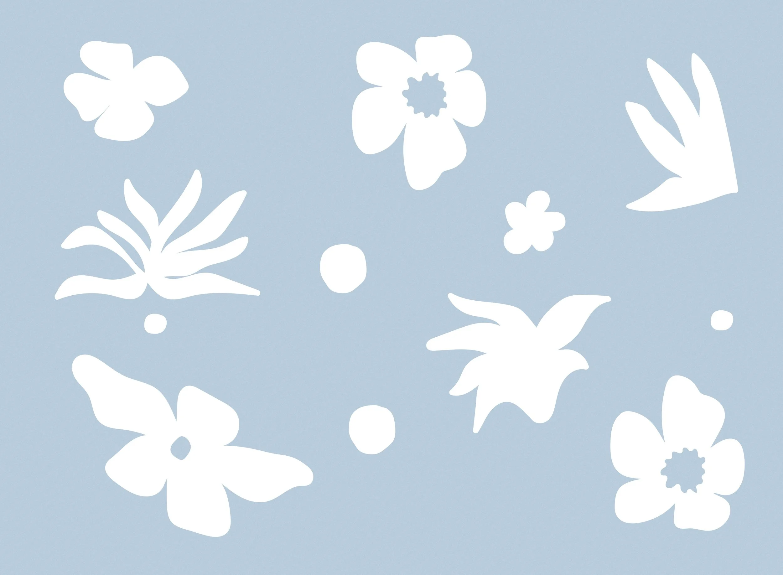 White floral and leaf silhouettes on a light blue background.