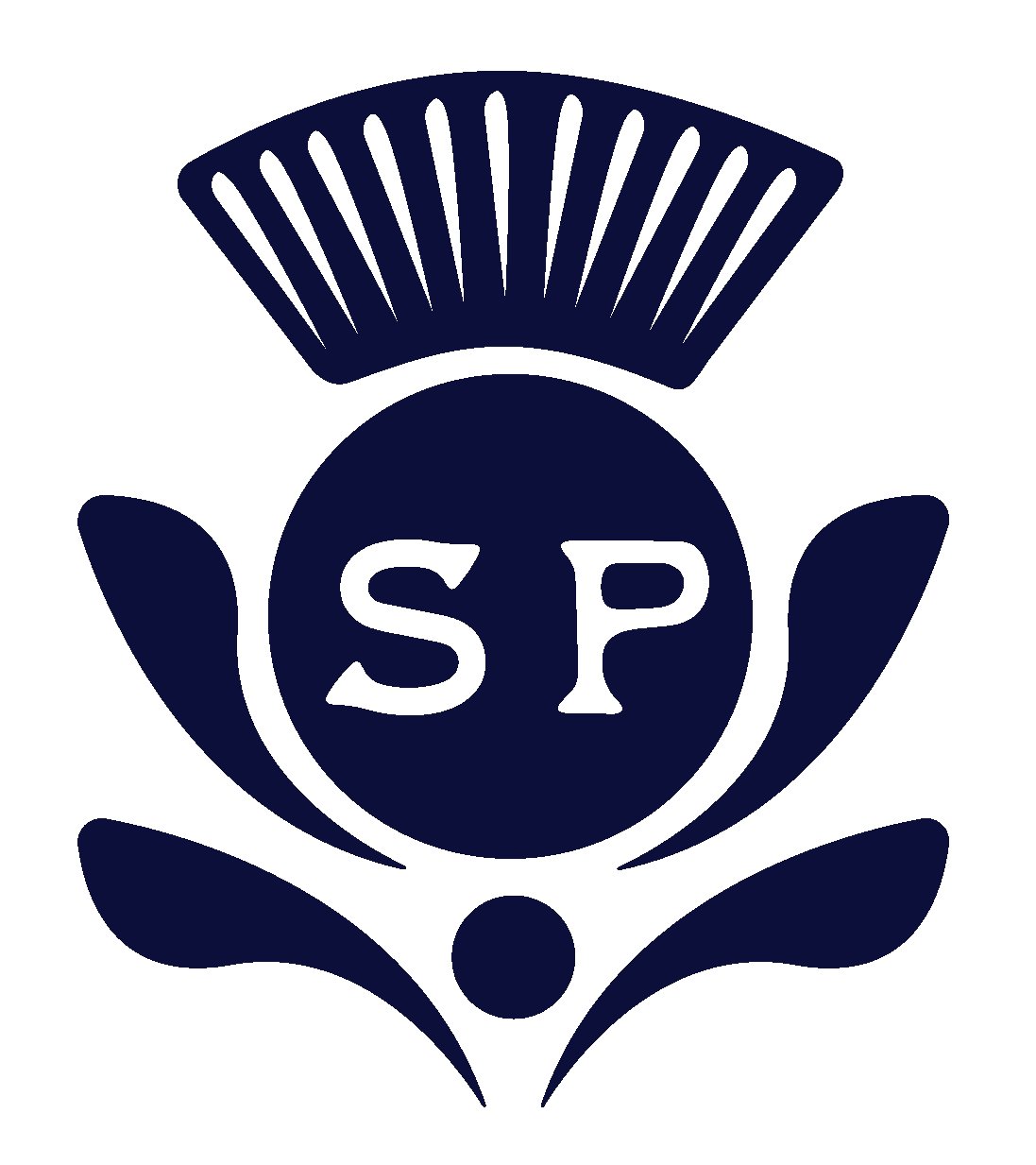A navy blue logo featuring a chef's hat at the top, a sphere with the initials 'SP' in the center, and stylized leaves and a dot at the bottom.
