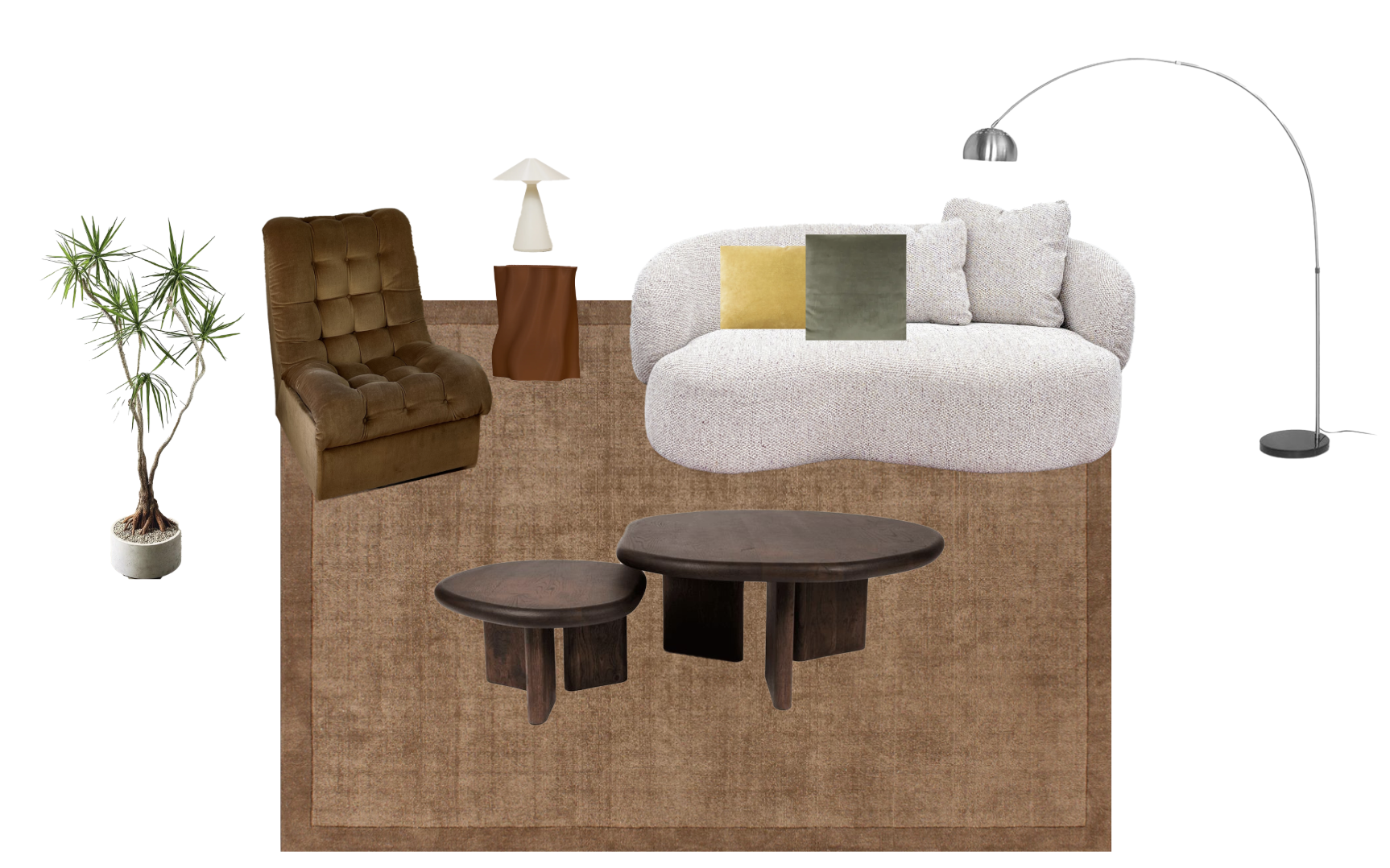 Living room interior with a potted plant, brown armchair, side table with a white lamp, white textured sofa with decorative pillows, and a curved black floor lamp, all on a brown textured rug.