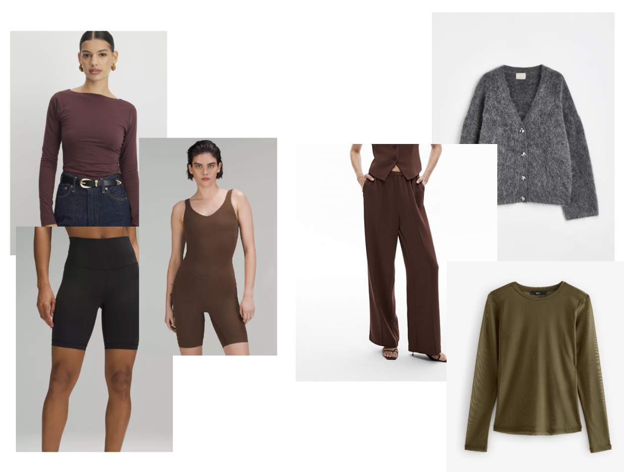 Collection of women's clothing items including a long-sleeve brown top, black high-waisted shorts, brown sleeveless jumpsuit, gray cardigan, wide-leg brown pants, olive long-sleeve top, and a woman modeling a purple long-sleeve top and dark blue jean