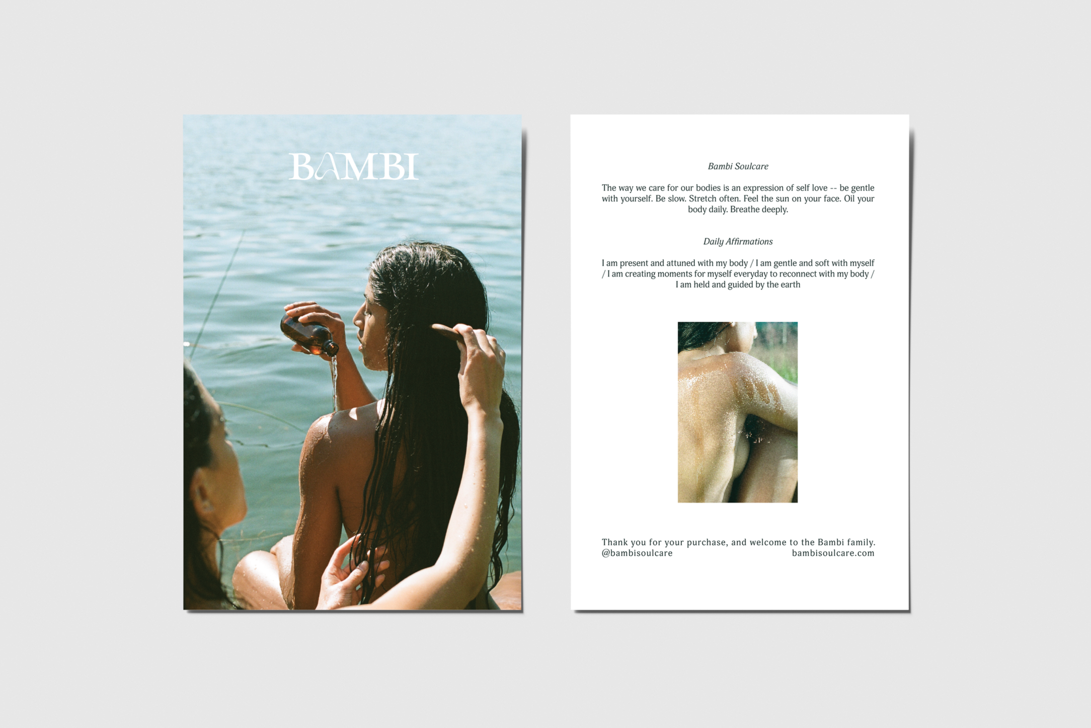 A brochure featuring the word 'BAMBI' on a cover with a photo of women bathing in water, and an interior page with text about self-care, affirmations, and a small image of a person in the water.