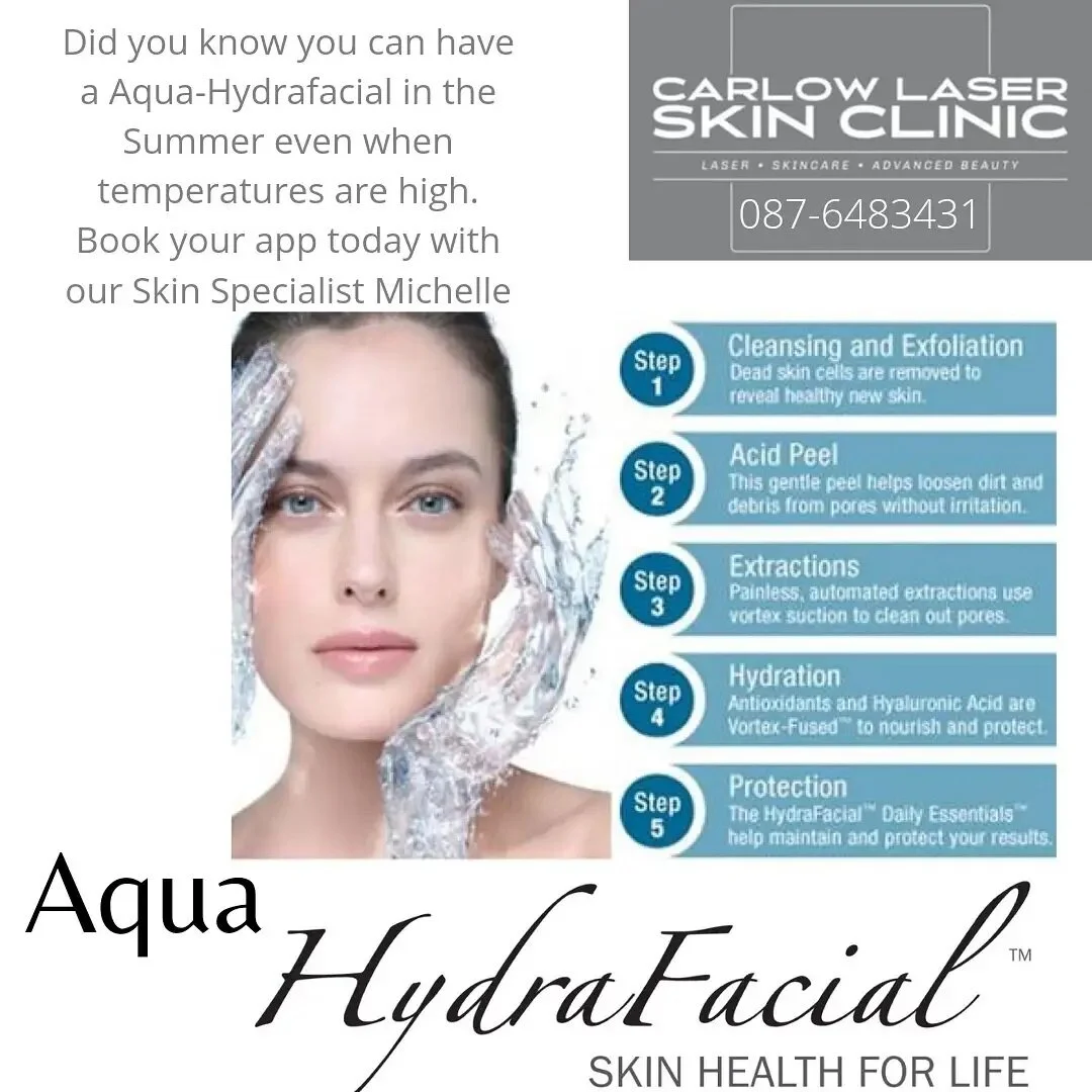 Enjoying the summer, why not book in for an Aqua Hydra facial to refresh, declog &amp; hydrate your skin. 📱087-6483431 or book online www.carlowlaserandskinclinic.ie
#summerfacial #Carlow #aquahydrafacial