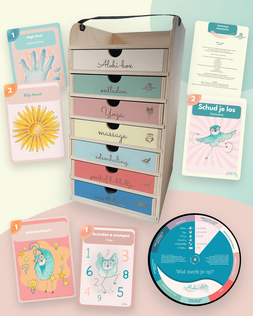 De houten Alohi-box met fiches en draairad