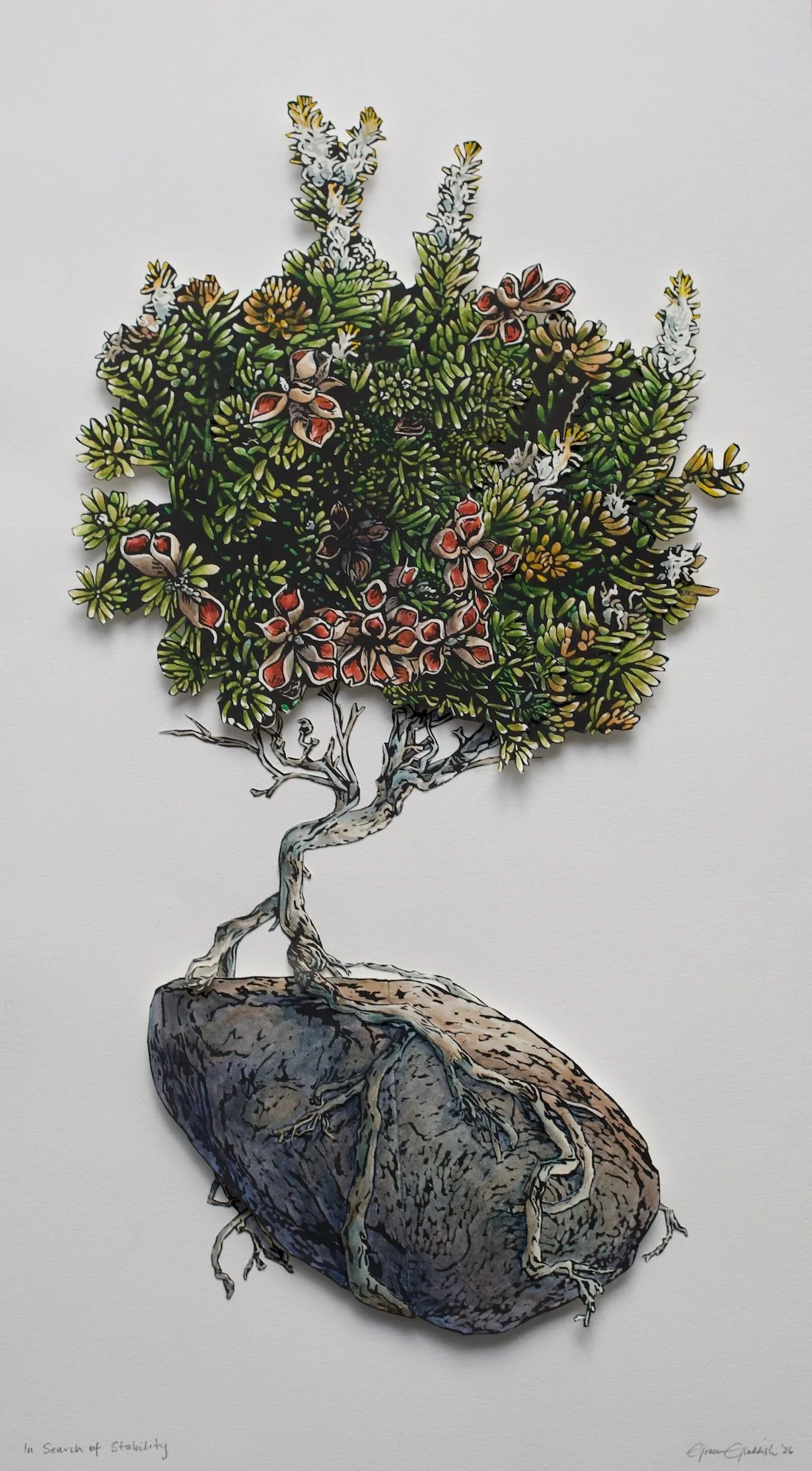 In Search of Stability 2026
Watercolour, Collaged Lino Prints and Foamcore on Watercolour Paper
67 cm x 37 cm 