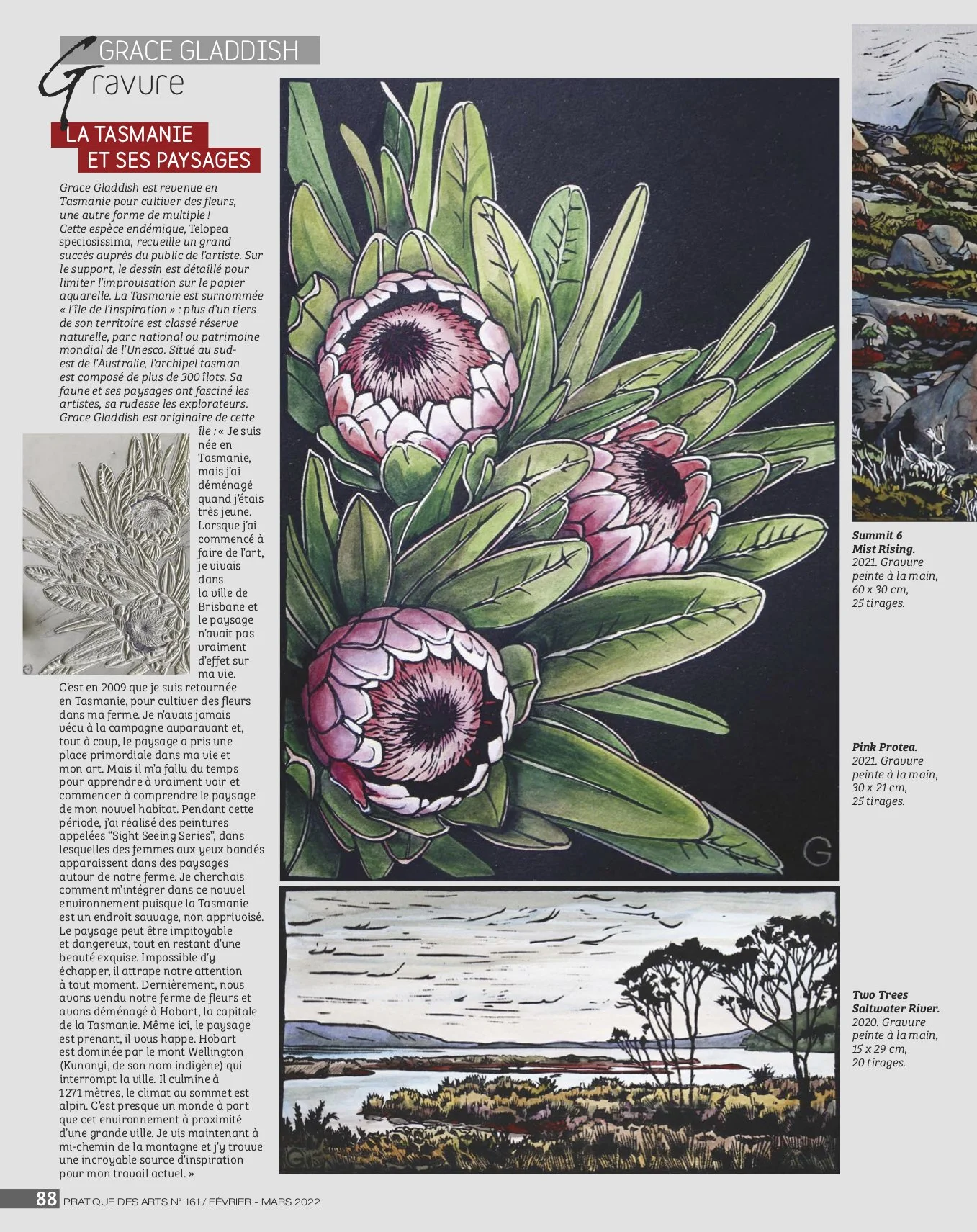Art magazine page featuring an article about Grace Gladdish, her engravings, and Tasmanian landscapes. Includes illustrations of protea flowers and a landscape with trees and a river.