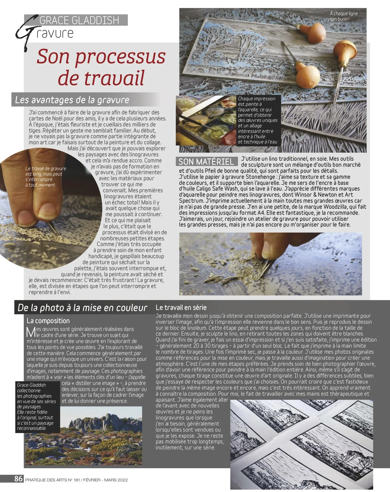 Magazine page featuring an article about artist Grace Gladdish's engraving process. Includes images of engraving tools and prints, along with text in French detailing her work, process, and materials used for creating unique and intricate artworks.