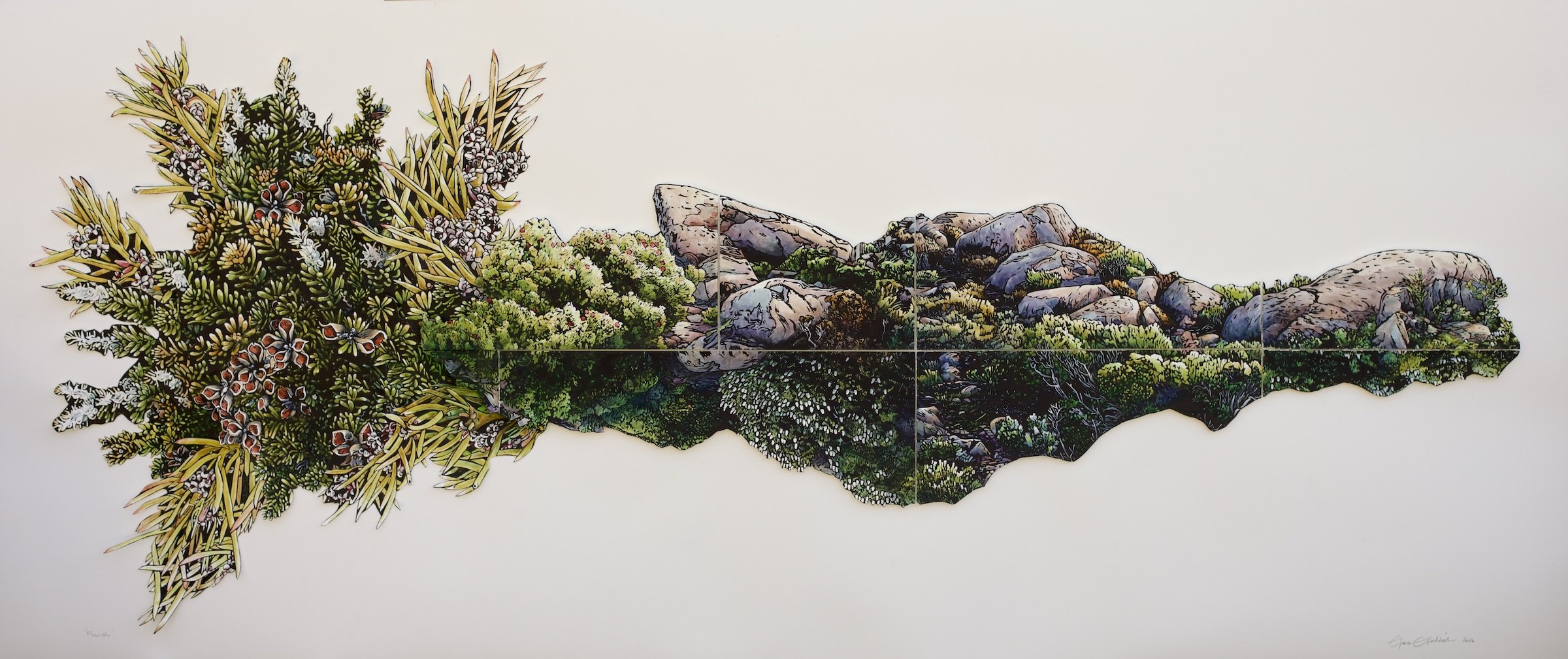'Flourish'  2026  
Watercolour, Collaged Lino Prints and Foamcore on Paper
61 cm h x 140 cm w