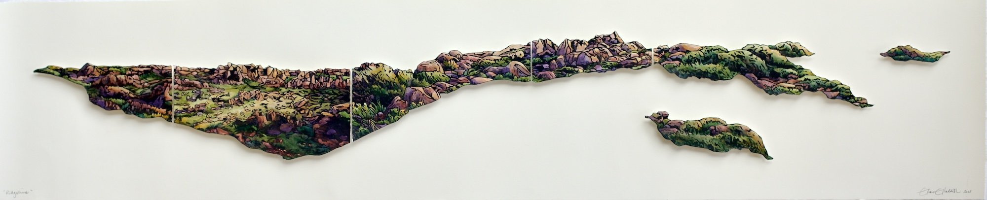 'Ridgeline'  2025   Collaged Linoprints, Watercolour and Foamcore on Paper  Available from Fern Tree Studio