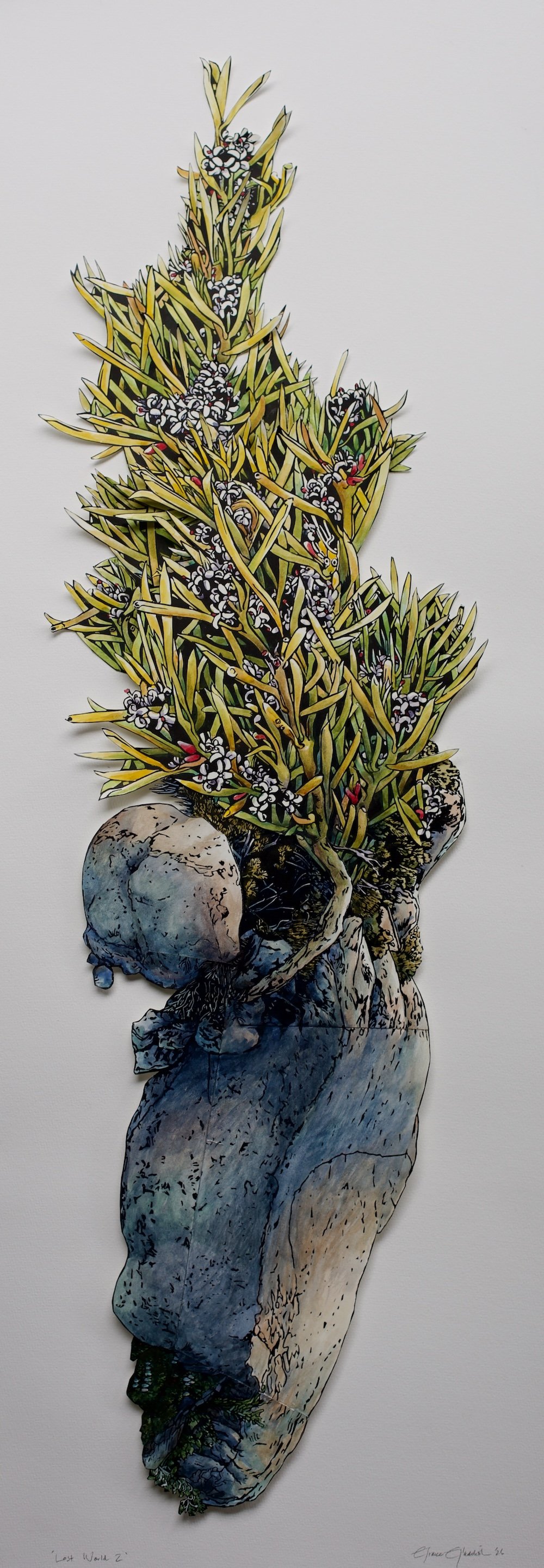 Lost World 2 2026
Watercolour, Collaged Lino Prints and Foamcore on Watercolour Paper
107 cm h c 37 cm w