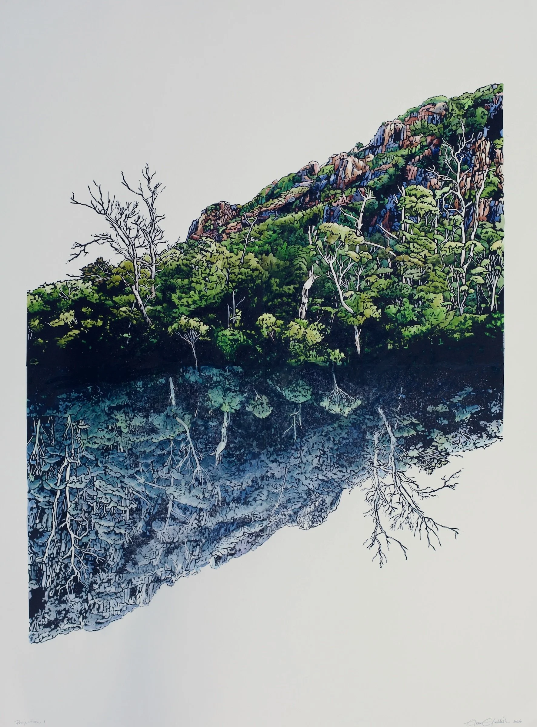 'Projection 1' 2026  Lino Print and Watercolour on Stonehenge  76 cm h x 56 cm w