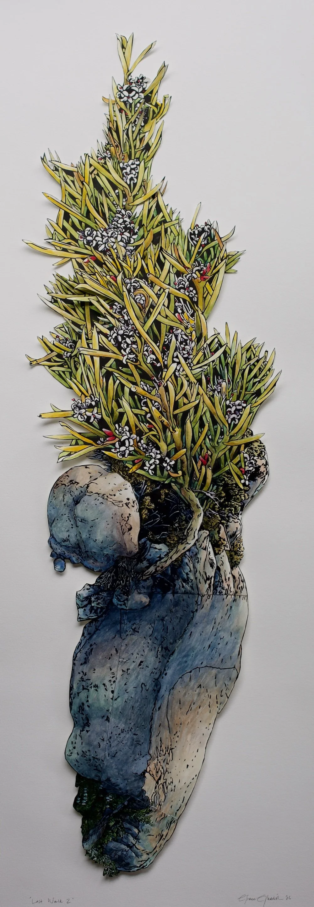 Lost World 2   2026   Collaged Lino Prints, Watercolour and Foamcore on Paper  107 cm h x 37 cm w