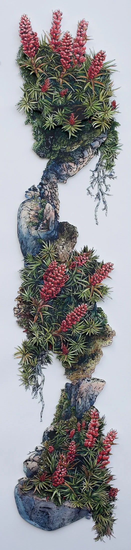'Hanging Gardens' 2026   Watercolour, Collaged Linoprints and Foamcore on Watercolour Paper   157 cm h x 37 cm w