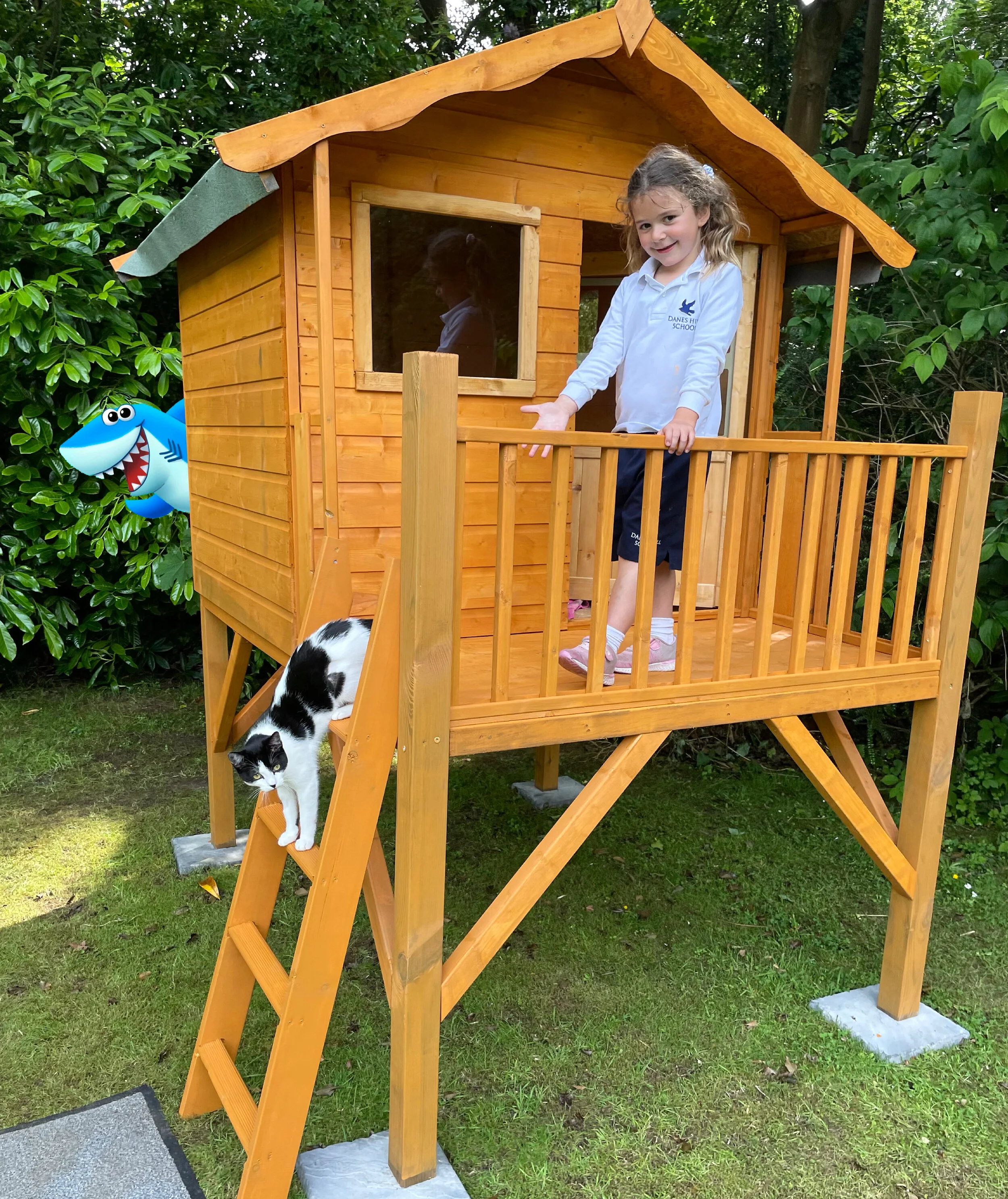 Bite photobombs Evie's new 'clubhouse'! 🦈 🏡 📸