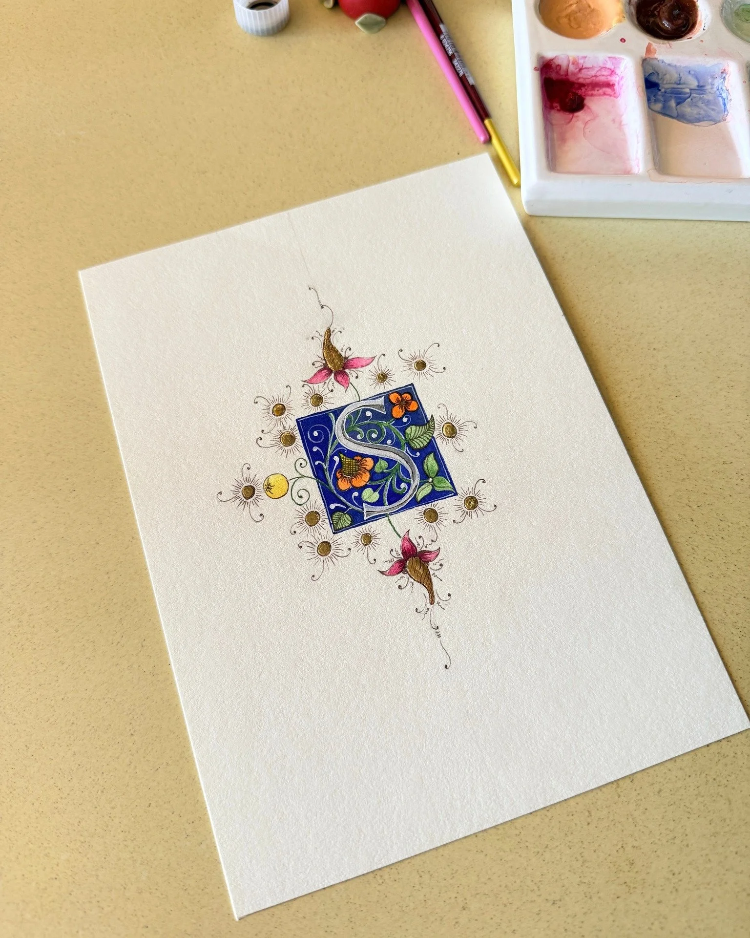 𝗗𝗘𝗖𝗢𝗥𝗔𝗧𝗘𝗗 𝗟𝗘𝗧𝗧𝗘𝗥 𝗻𝗼. 𝟮 

I made this letter S a bit different from the one in the MS, because I'm still learning some techniques.
I'm still happy with the result.
It's an amazing chance to study more in depth these gorgeous decorati