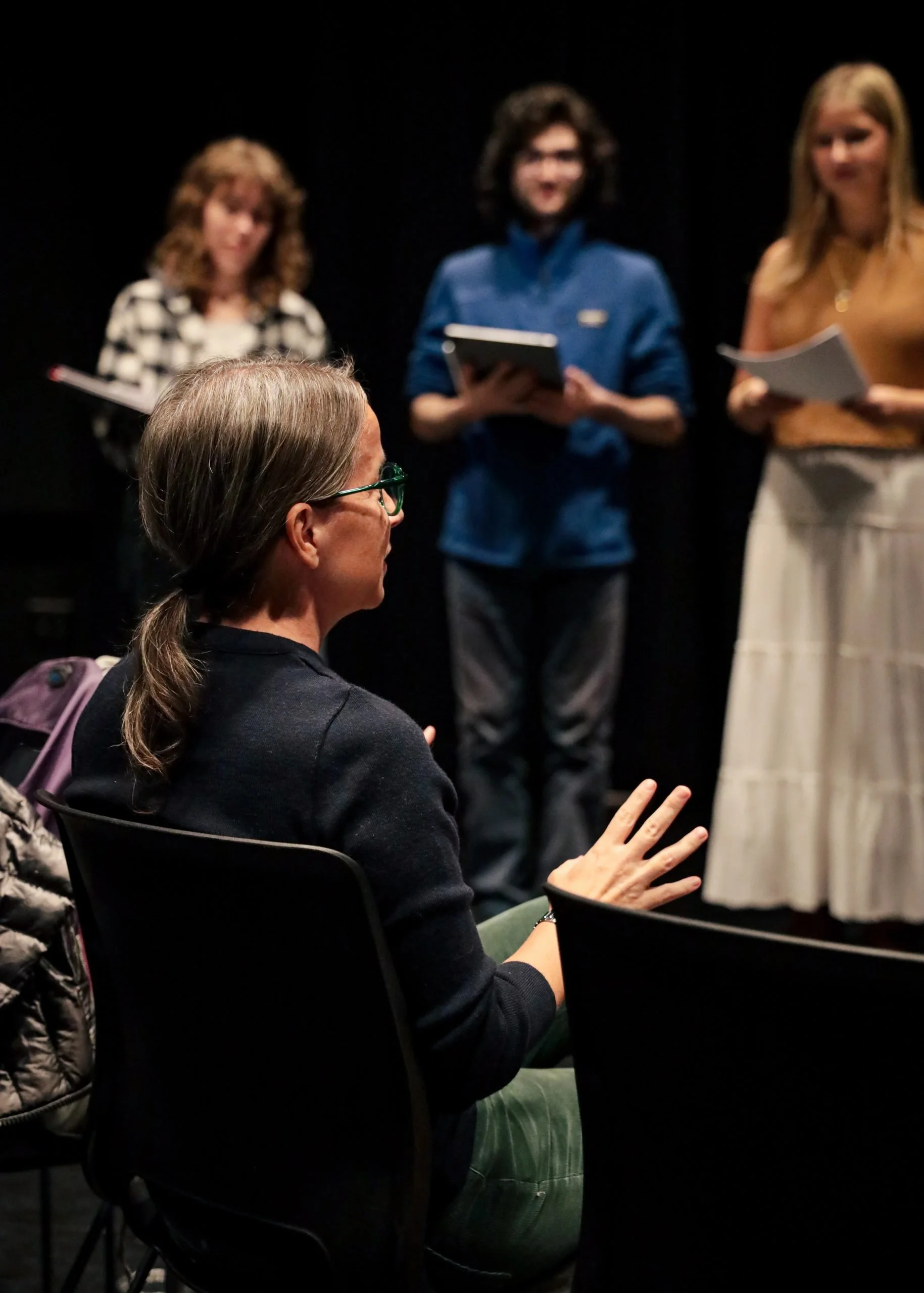 Rebecca Beegle works with the AMTP Ensemble of Northwestern student performers.