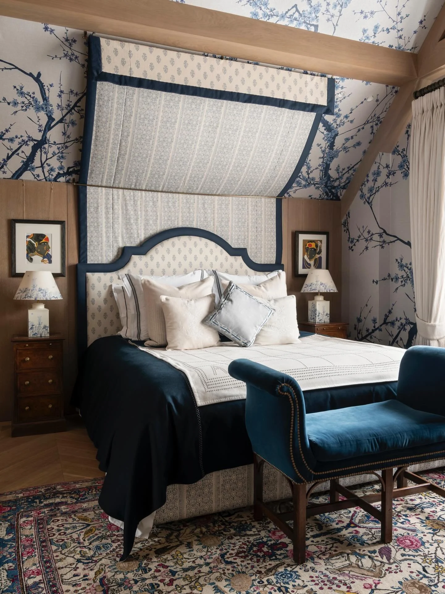 From sketch to reality. My favourite bedroom designed to date. I&rsquo;d held onto this wall mural design to use for myself, but it was truly too perfect not to use in our clients bedroom instead, complete with this bespoke bed and canopy we designed