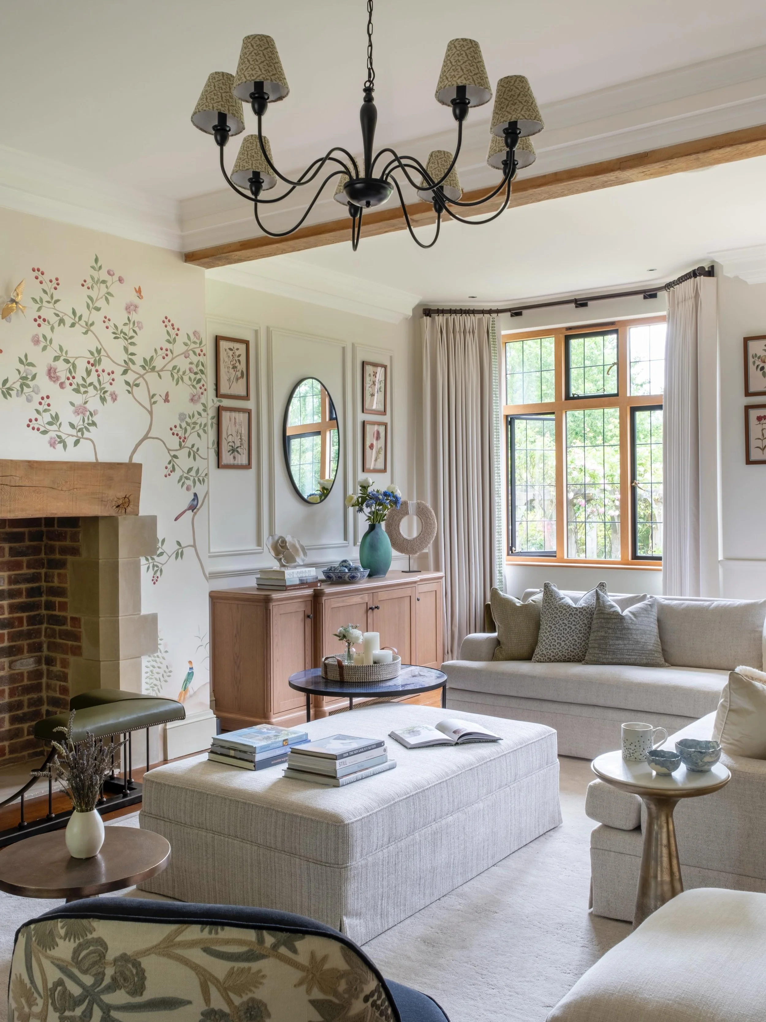 Re-sharing this beautiful living space, just in case you missed the post yesterday on @enelproperties. 

The whimsical hand-painted branches complemented this beautiful embroidered linen fabric that we used on these stunning armchairs perfectly, whil