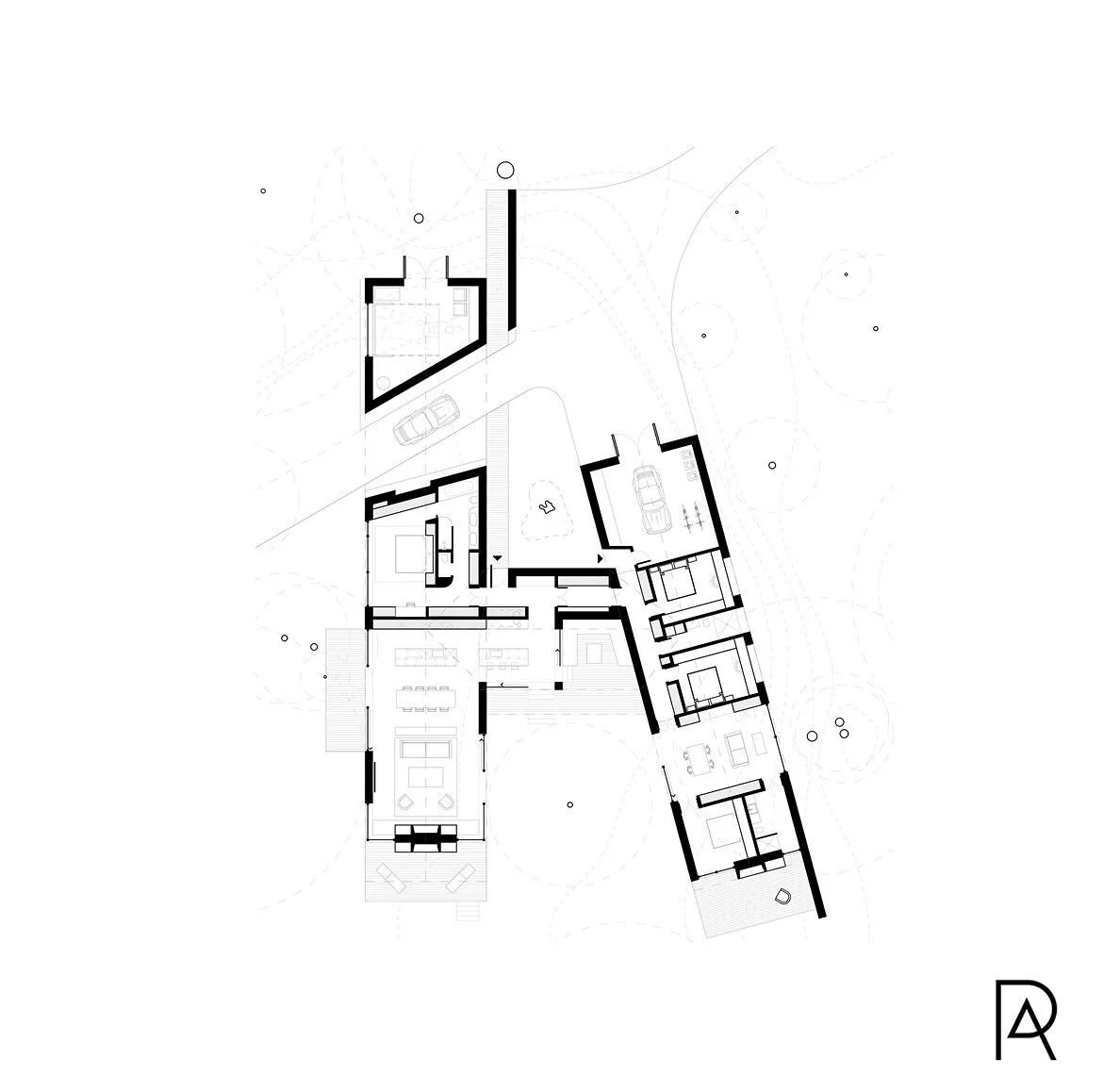 Multi-generational living in North Norfolk.
Here&rsquo;s our design for a new home with an annexe for the parents. 
Large full-height windows offer framed views of the woodland beyond. A central courtyard yard with &lsquo;Zen garden&rsquo; provides s