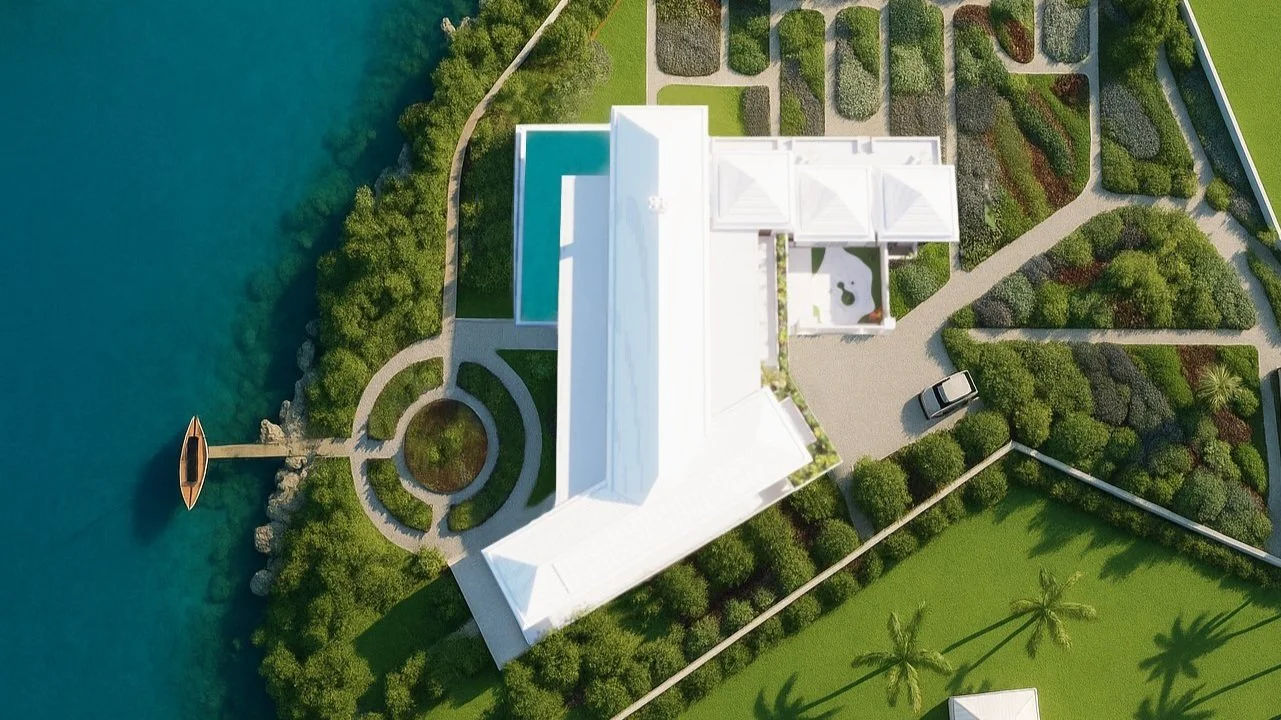 Overhead view of a luxurious waterfront house with a white roof, a swimming pool, surrounding greenery, a dock with a boat, and a driveway with a parked vehicle.