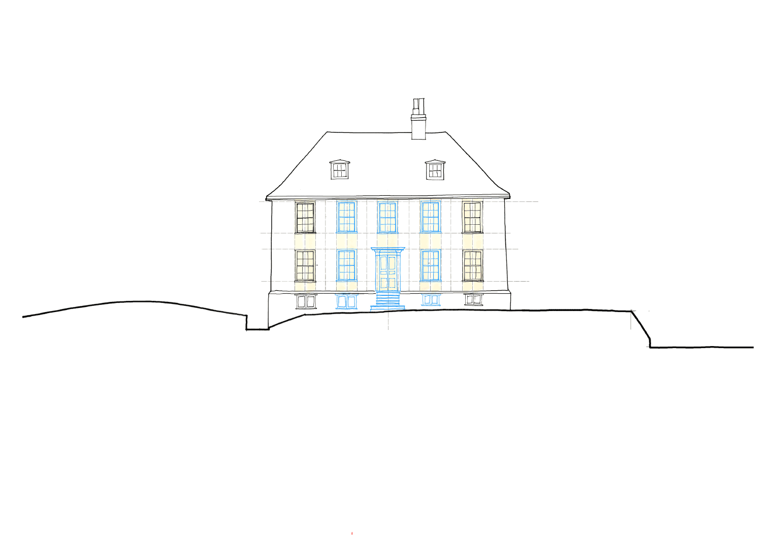 A detailed architectural sketch of a listed house with a pitched roof, windows, and front steps on a sloped terrain.