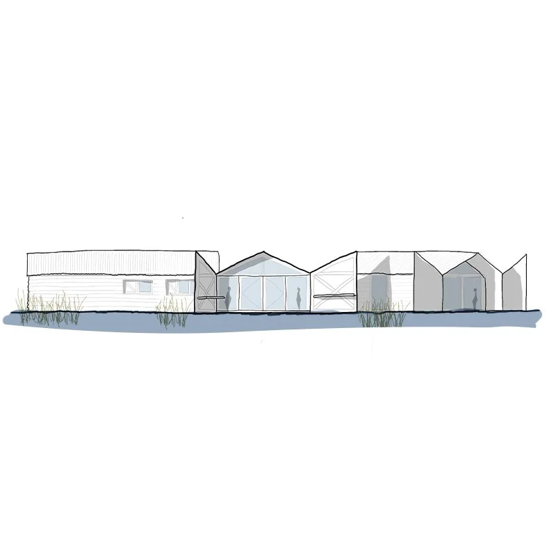 Architectural drawing of modern house with multiple connected sections, large glass windows, and minimal landscaping.