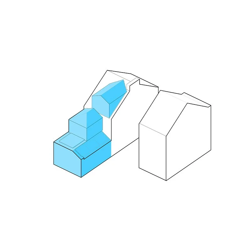 A 3D computer-generated diagram of a terrace building extension highlighted in blue.