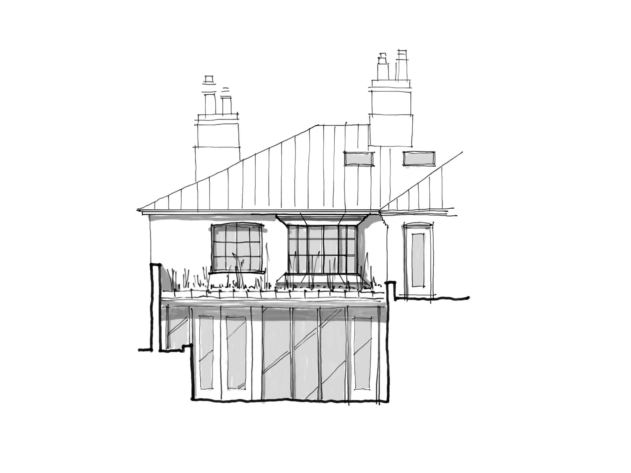 Line drawing of a two-story house with a pitched roof, large windows, a balcony with railing, and chimney stacks on the roof.