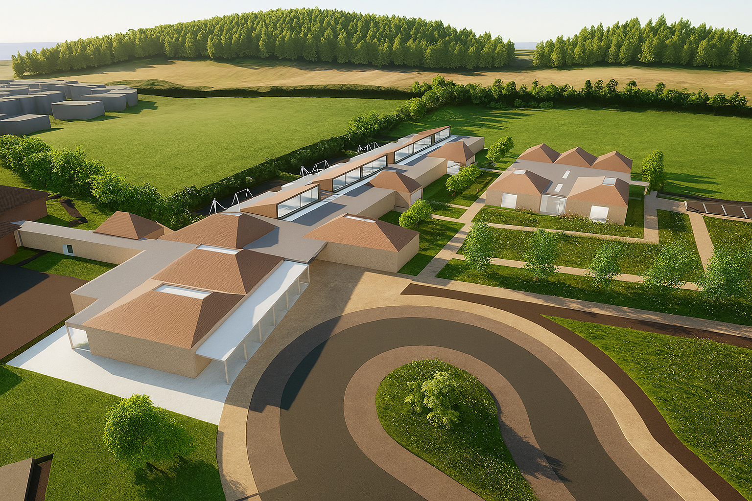 Aerial view of a modern residential complex with multiple single-family homes, surrounding green lawns, trees, and pathways, with a wooded area in the background.
