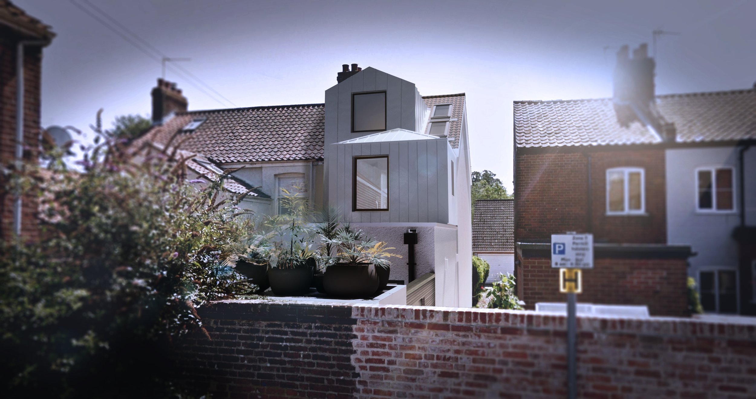 Shortlisted Architect Journal Retrofit Awards, Extension with large windows and a small balcony, neighbouring red brick houses, potted plants on a brick wall, parking sign in foreground, clear sky in the background.