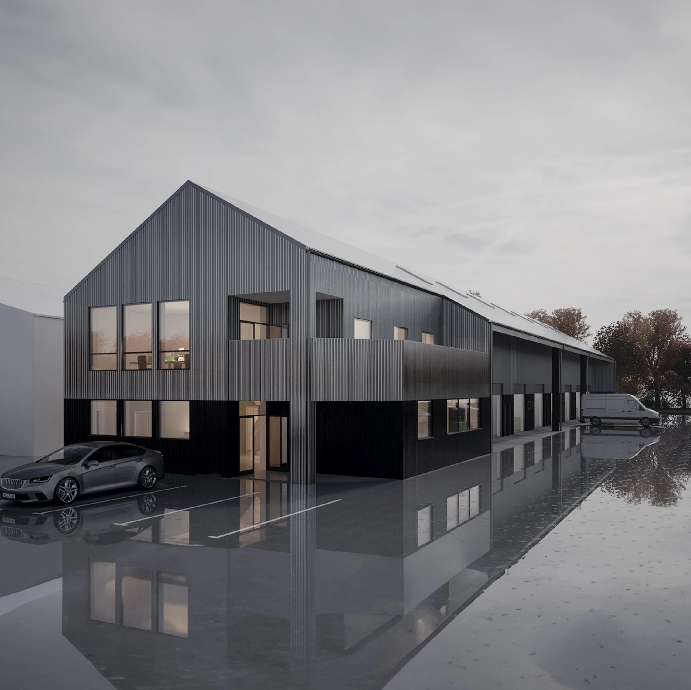 Modern two-story commercial building with a dark exterior, large windows, parking lot with several cars, and a reflective surface creating mirror-like reflections of the building and vehicles.