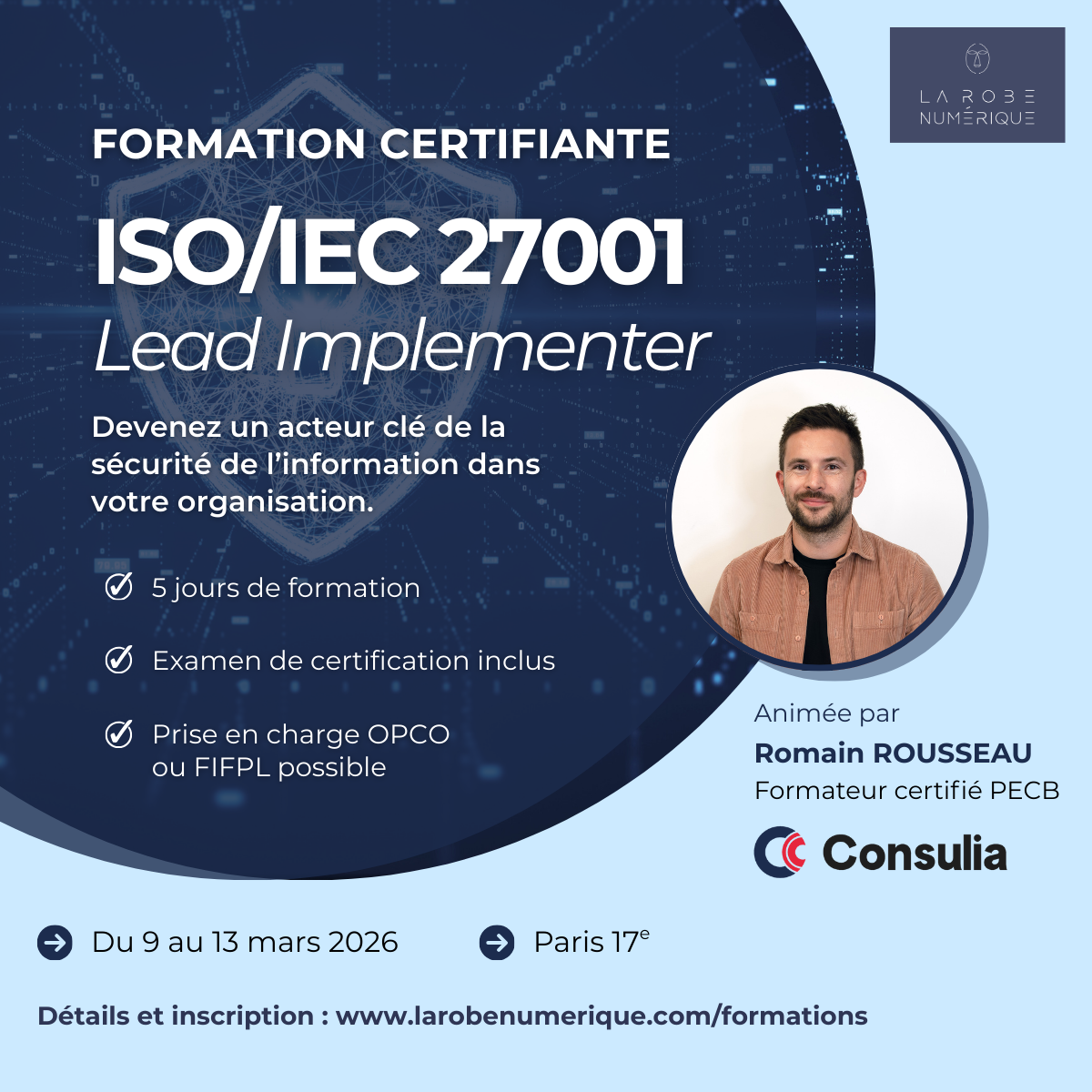 Bouclier sur fond bleu numérique - Titre Formation Certifiante ISO/IEC 27001 Lead Implementer