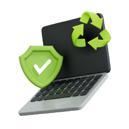 un ordinateur avec un bouclier vert et un sigle recyclable