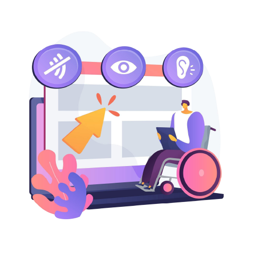 une personne en situation de handicap devant un ordinateur, avec 3 signes non-voyant, sourd et mal entendant