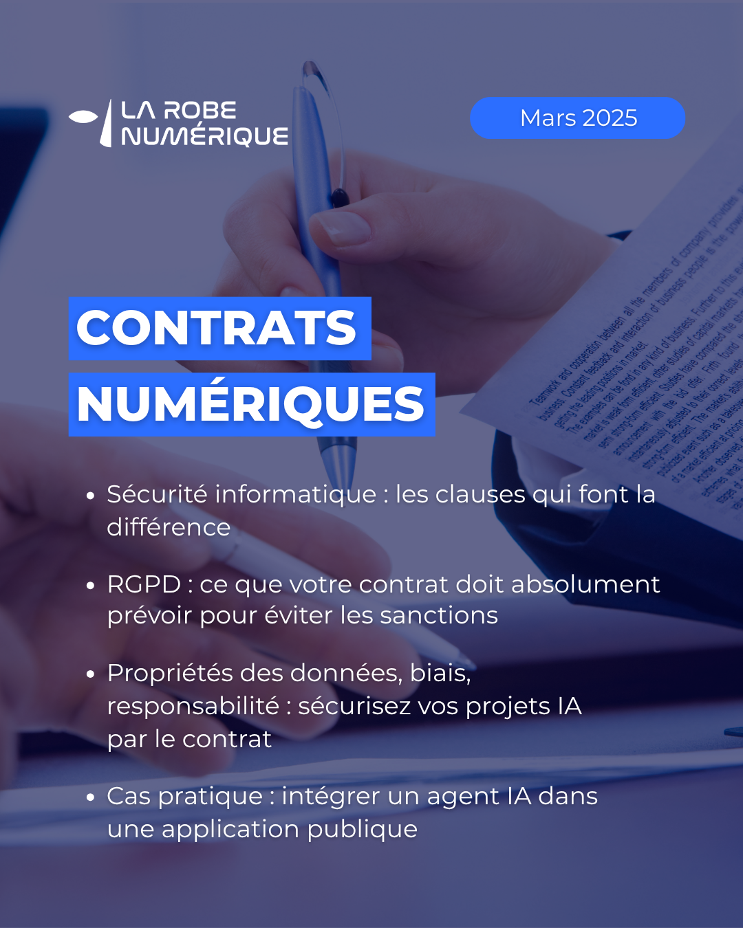 Contrats numériques - Mars 2026 : Contrat et sécurité informatique, contrat et RGPD les essentiels, Contrats IA et propriété des données, cas pratique déployer une IA dans une app plublique