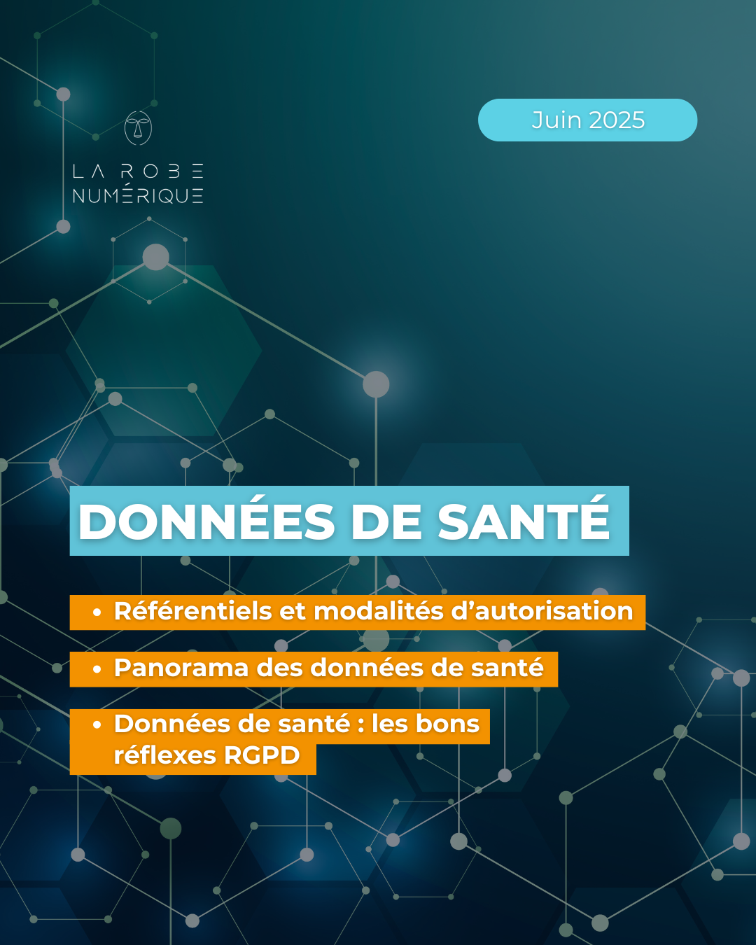 fond bleu-vert avec des points interconnectés - titre "Données de santé"