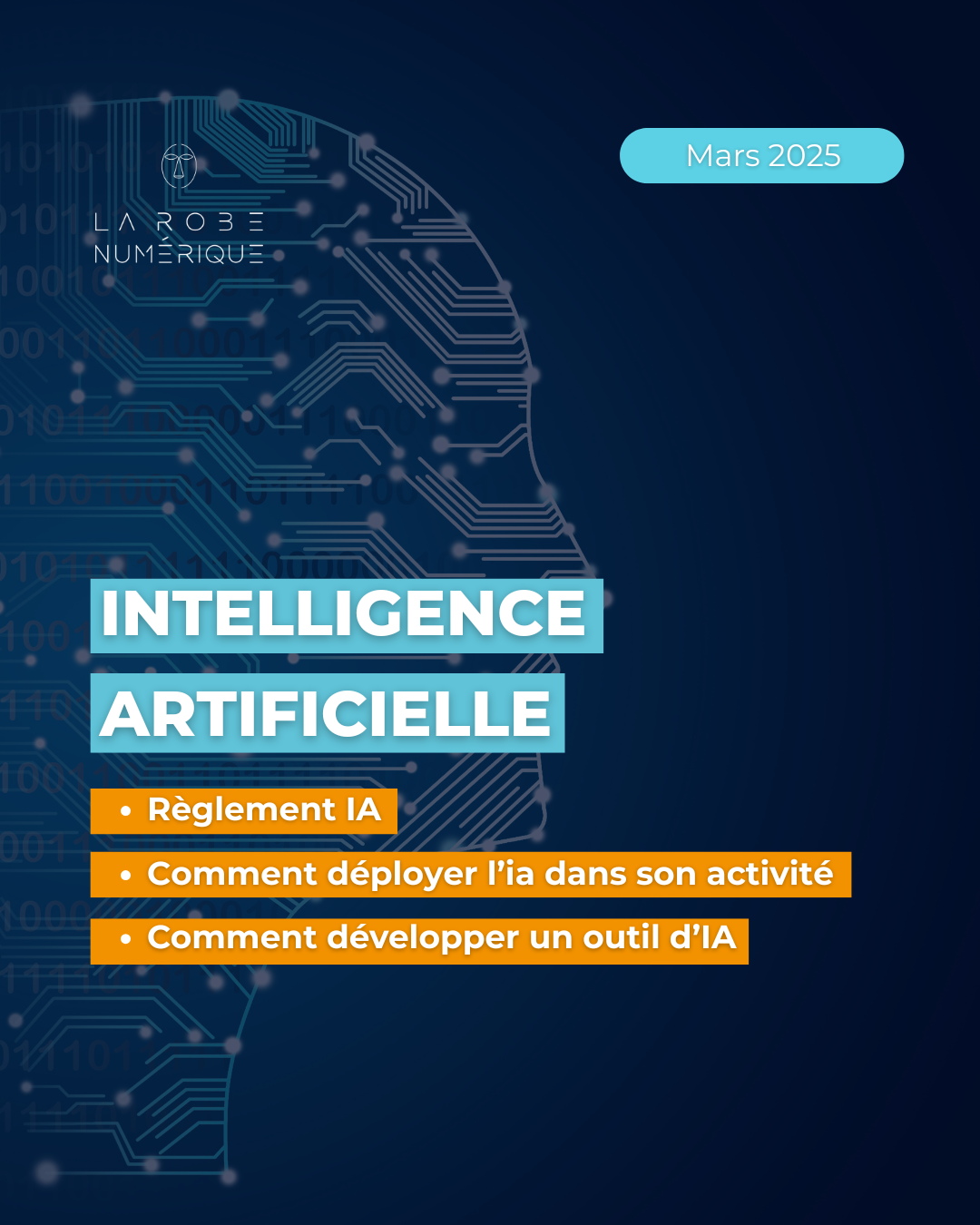 Image fond bleu visage numérique - titre "Intelligence artificielle" Mars 2025