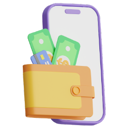 un porte-feuille rempli de billet et de carte bancaires et un téléphone symbolisant la fintech et les paiements en ligne