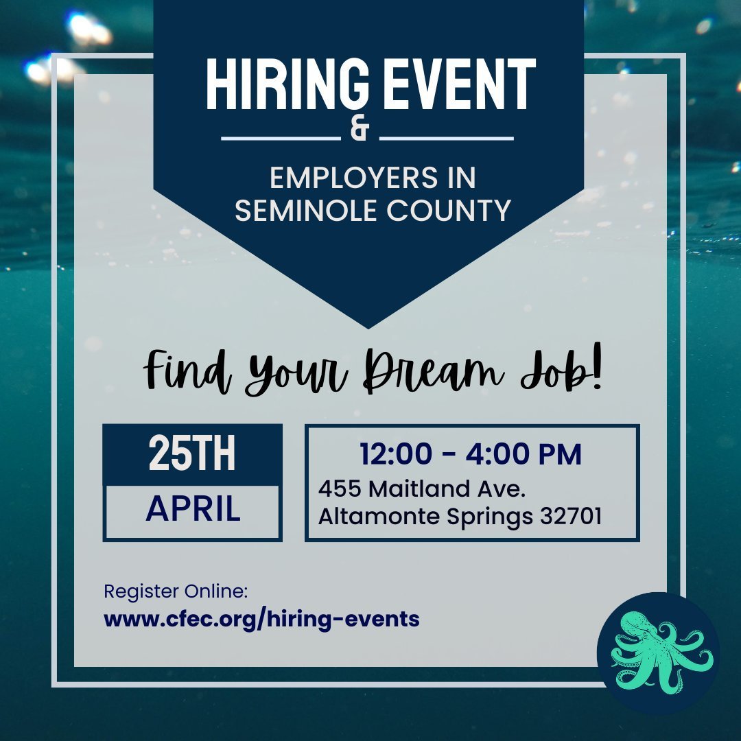 Come to this exclusive event for serious job seekers! Up to 30 employers will be represented at the Employers in Seminole County Job Fair at the Altamonte Springs 7th Day Adventist Church. The fair will be held in the Gymnasium.

Register online: www