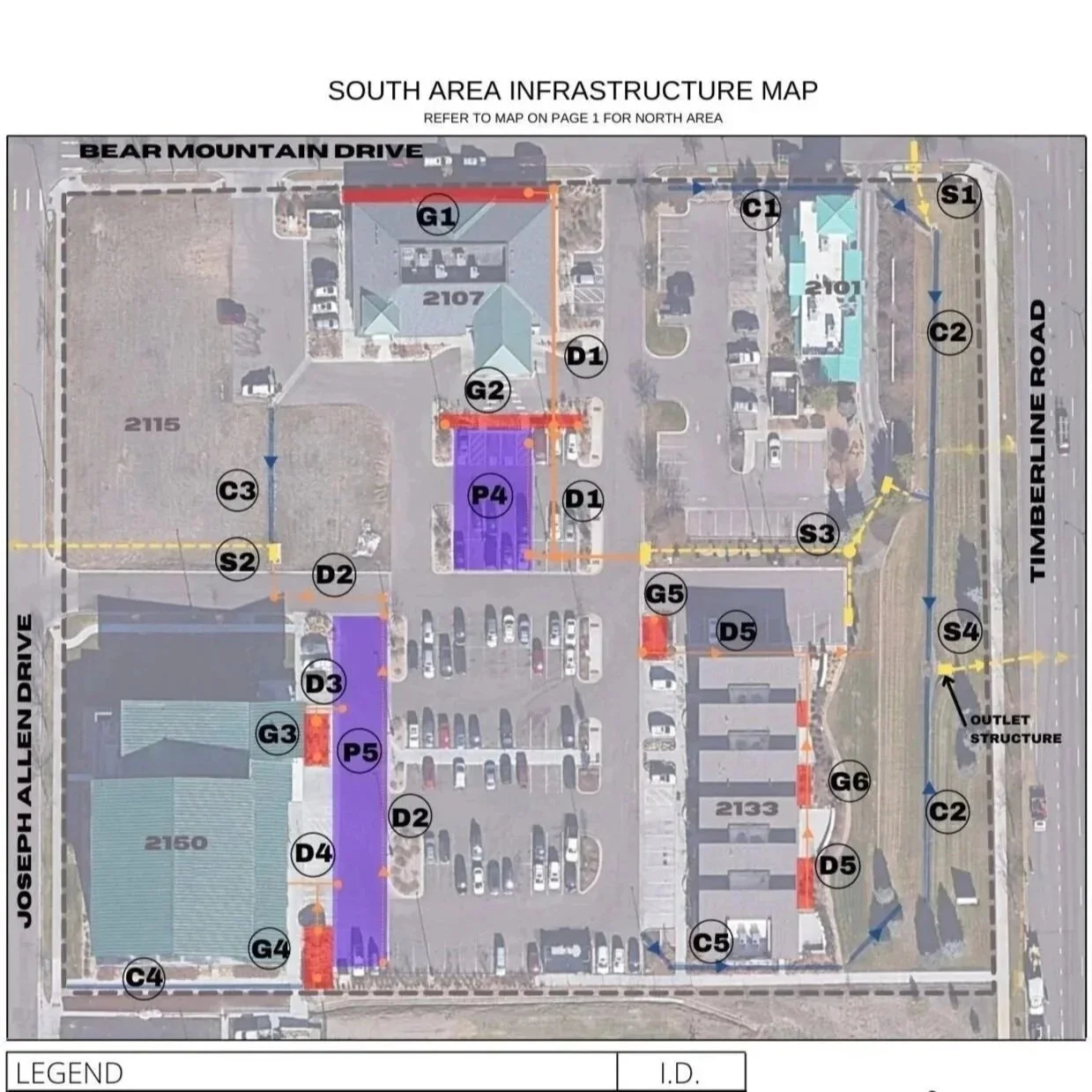 GIS asset management database mapping horizontal stormwater pipes, ponds, and infrastructure for commercial properties.