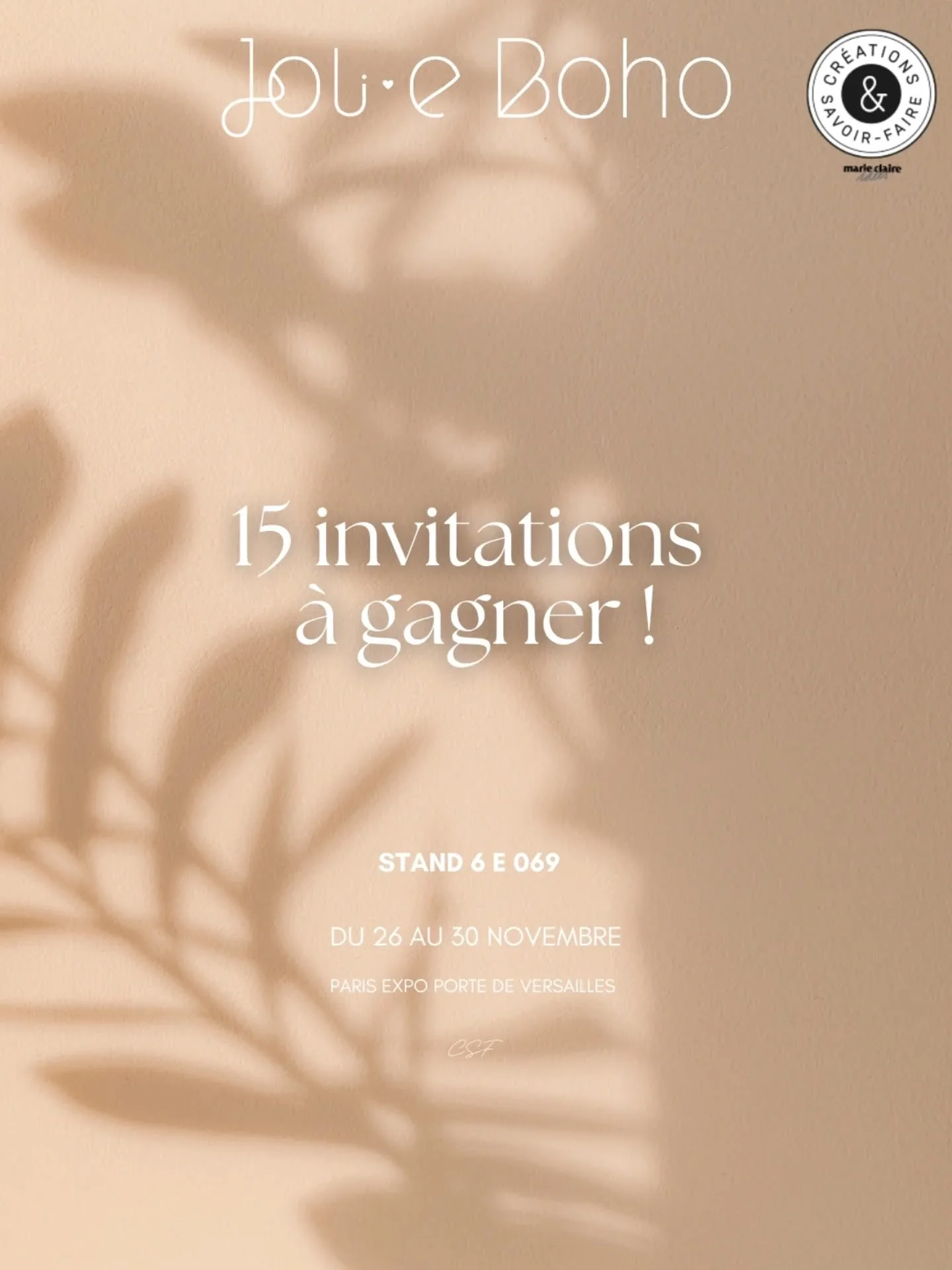 [Concours clos : Les 15 gagnantes ont recu un DM surprise !]
✨&nbsp;CONCOURS !&nbsp;✨

Vous voulez passer une journ&eacute;e au salon Cr&eacute;ations &amp; Savoir-Faire 2025, le paradis du DIY, de la d&eacute;co, du fil, du scrapbooking, des atelier