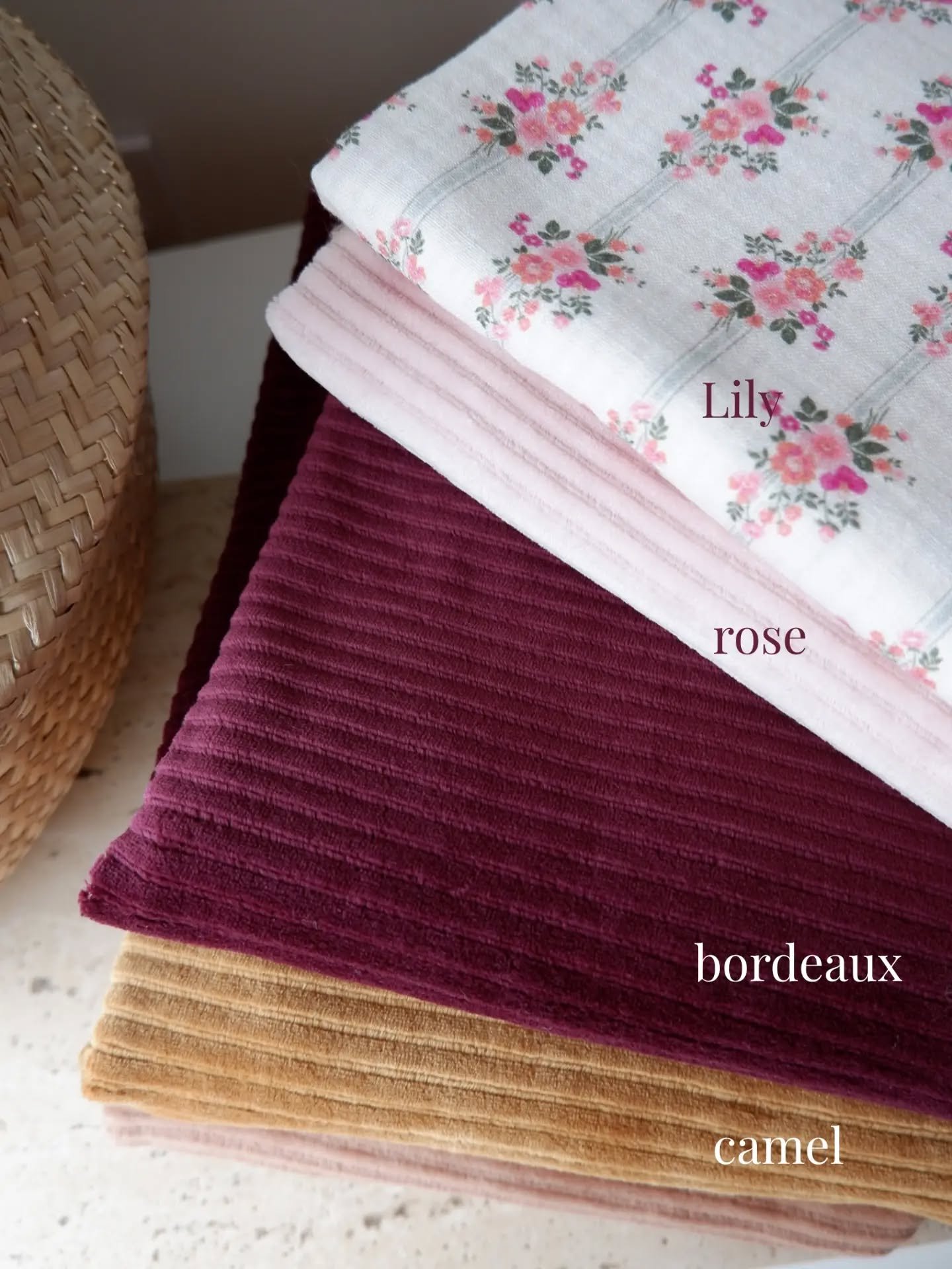 Du nouveau dans nos tissus 🤎

J'esp&egrave;re que vous allez bien.

Notre gamme de jersey de velours s&rsquo;agrandit avec 4 jolies teintes : &eacute;cru, bleu glacier, bordeaux et rose.

La fausse fourrure lapin se d&eacute;cline aussi dans un nouv
