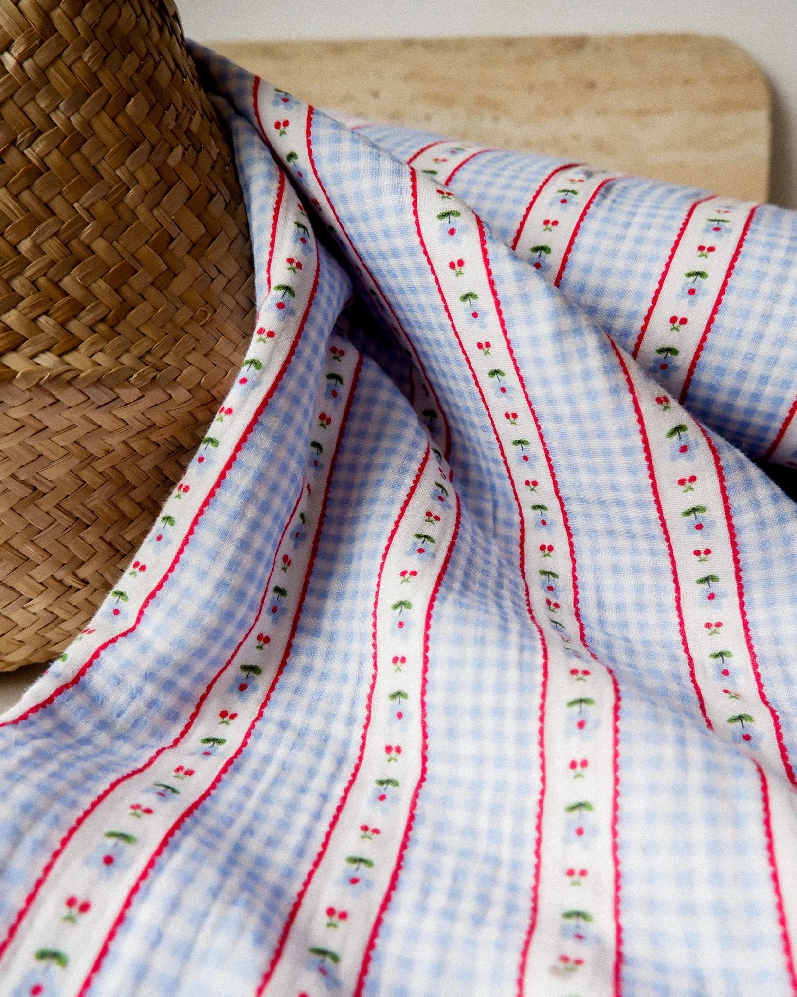 Double gaze blanche vichy rétro bleue