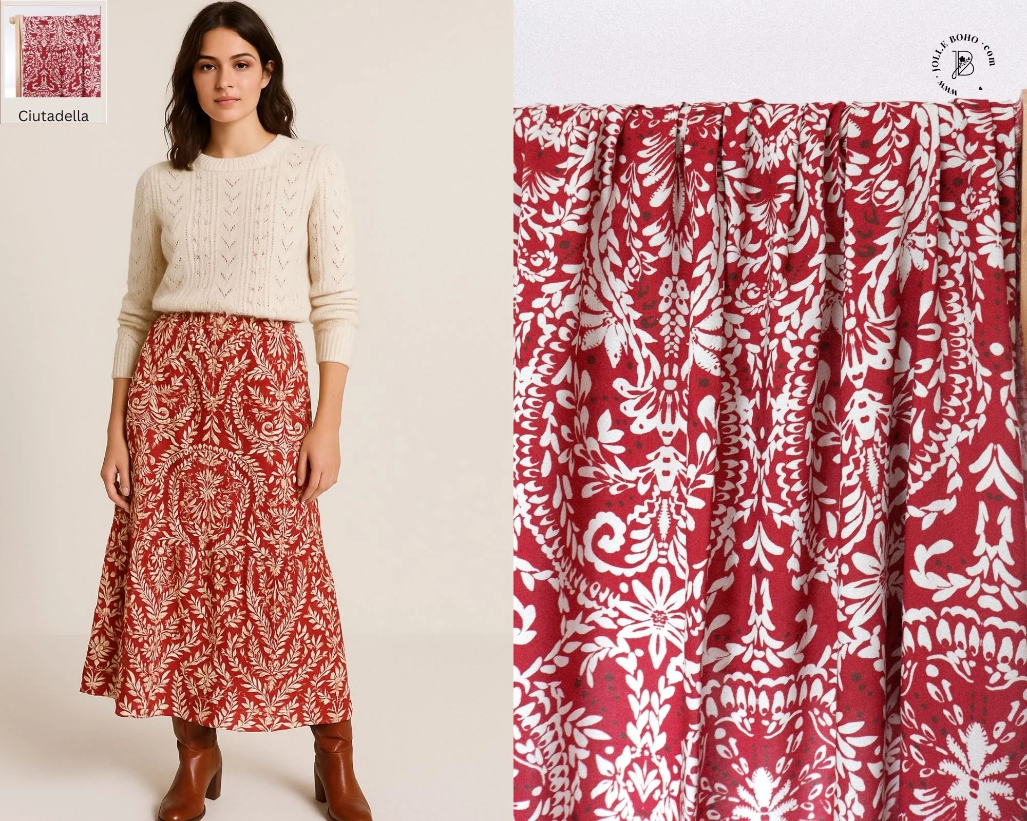 Tissu viscose Ecovéro touge et cream au mètre imprimée jolie Boho (16).jpg