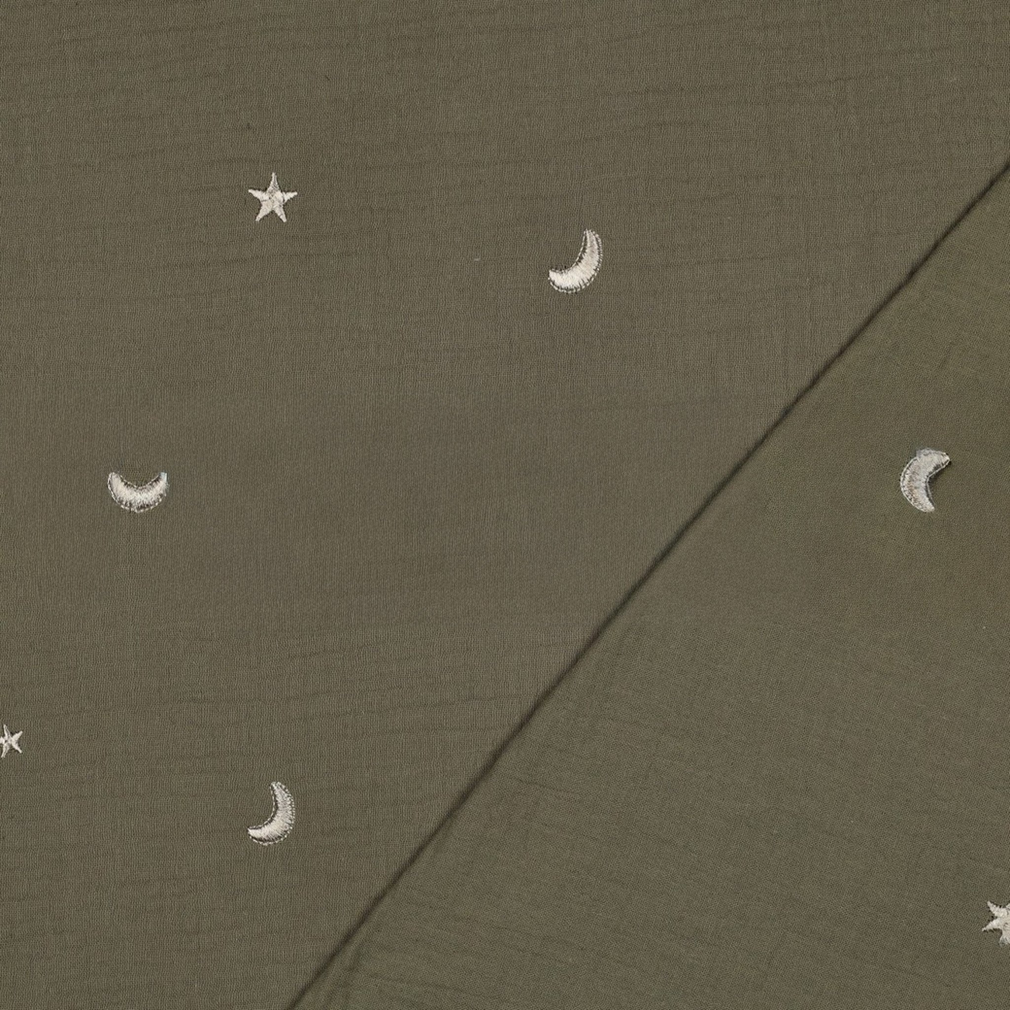 Tissu double gaze de coton kaki brodé doré.jpg