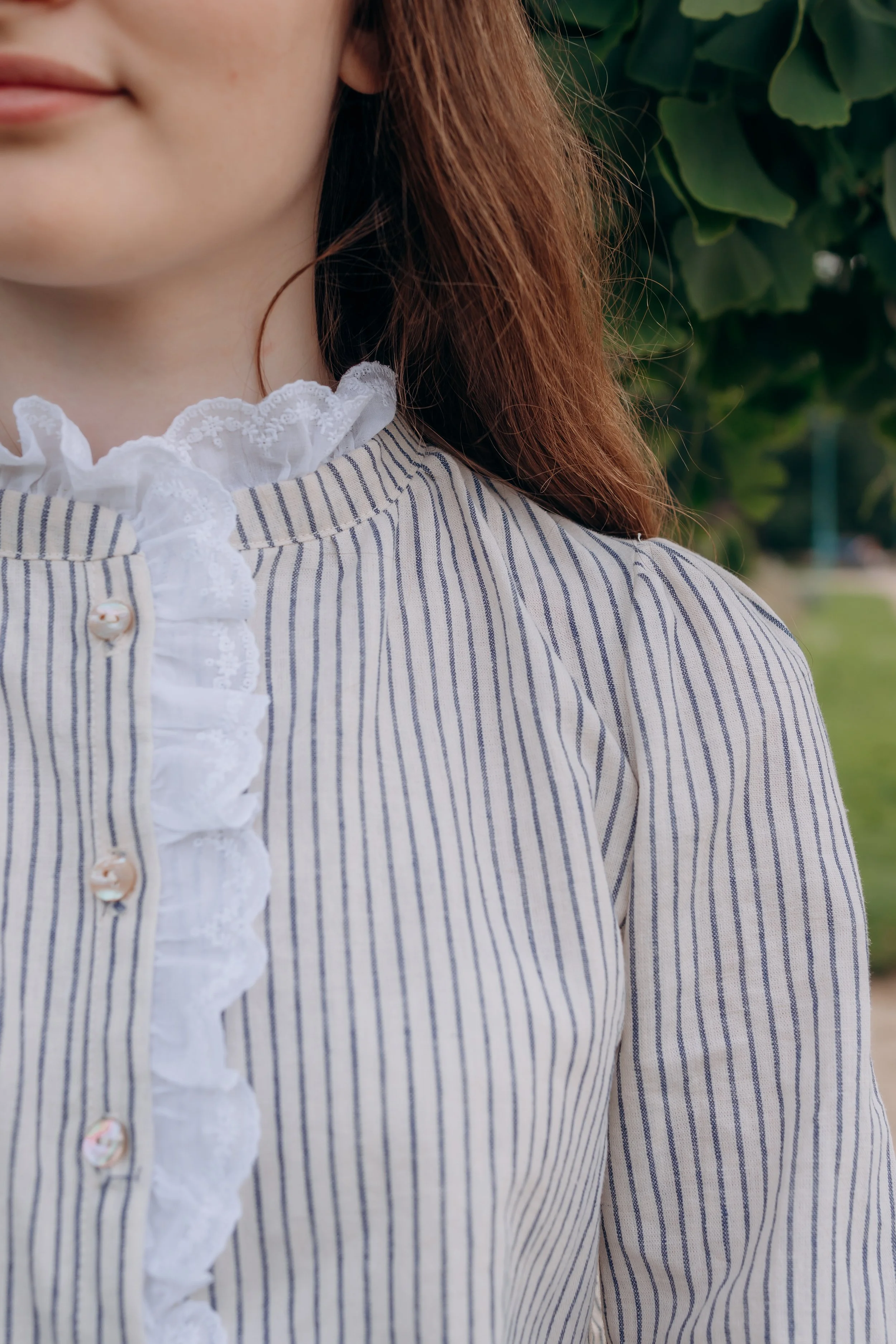 Camille - Tissu coton lin bleu et écru à rayures