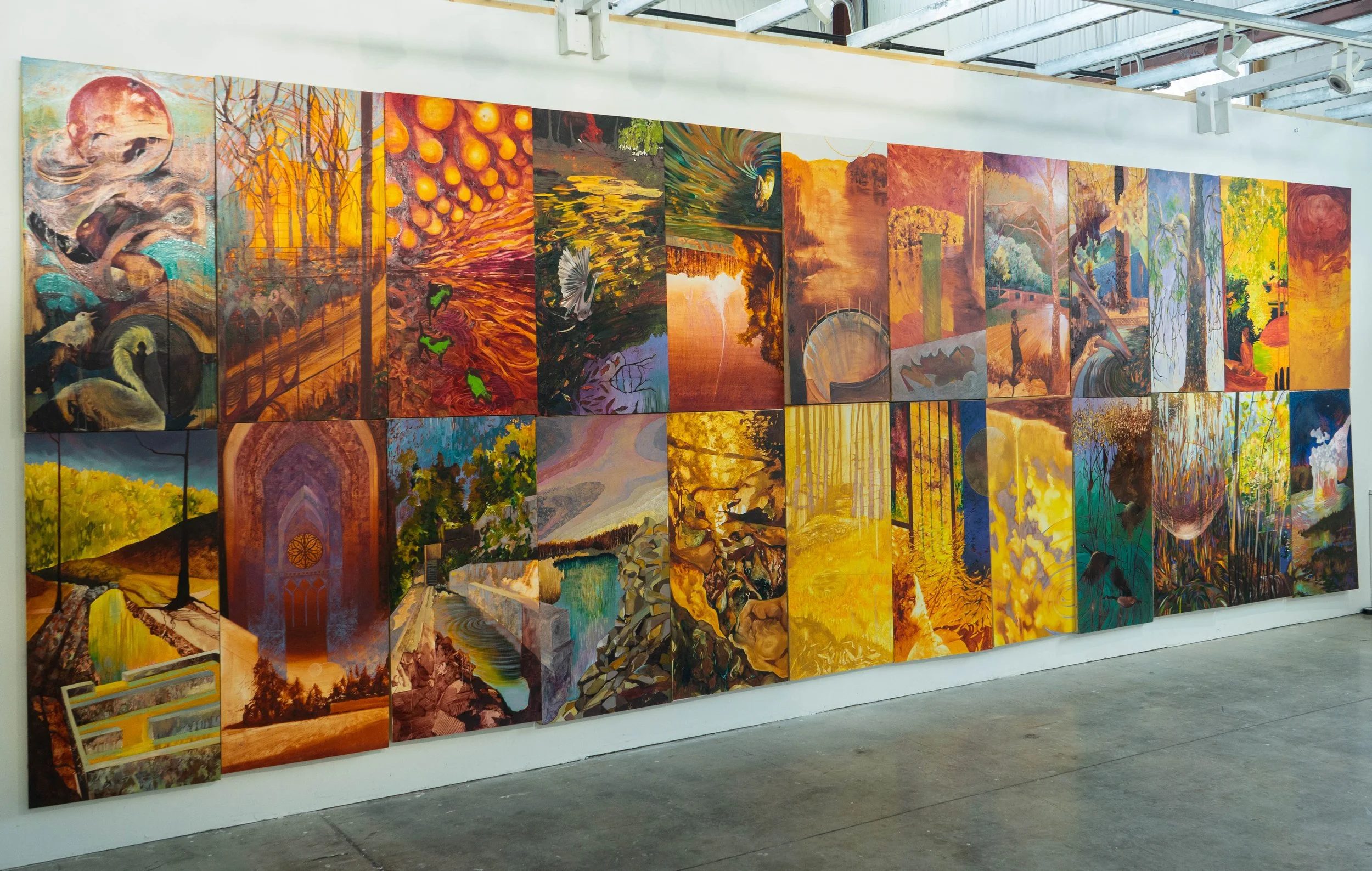 Land Credits, thesis installation in progress (March) 2026.
Oil on 24 poplar panels.
Full installation: 96" x 288" x 2" 