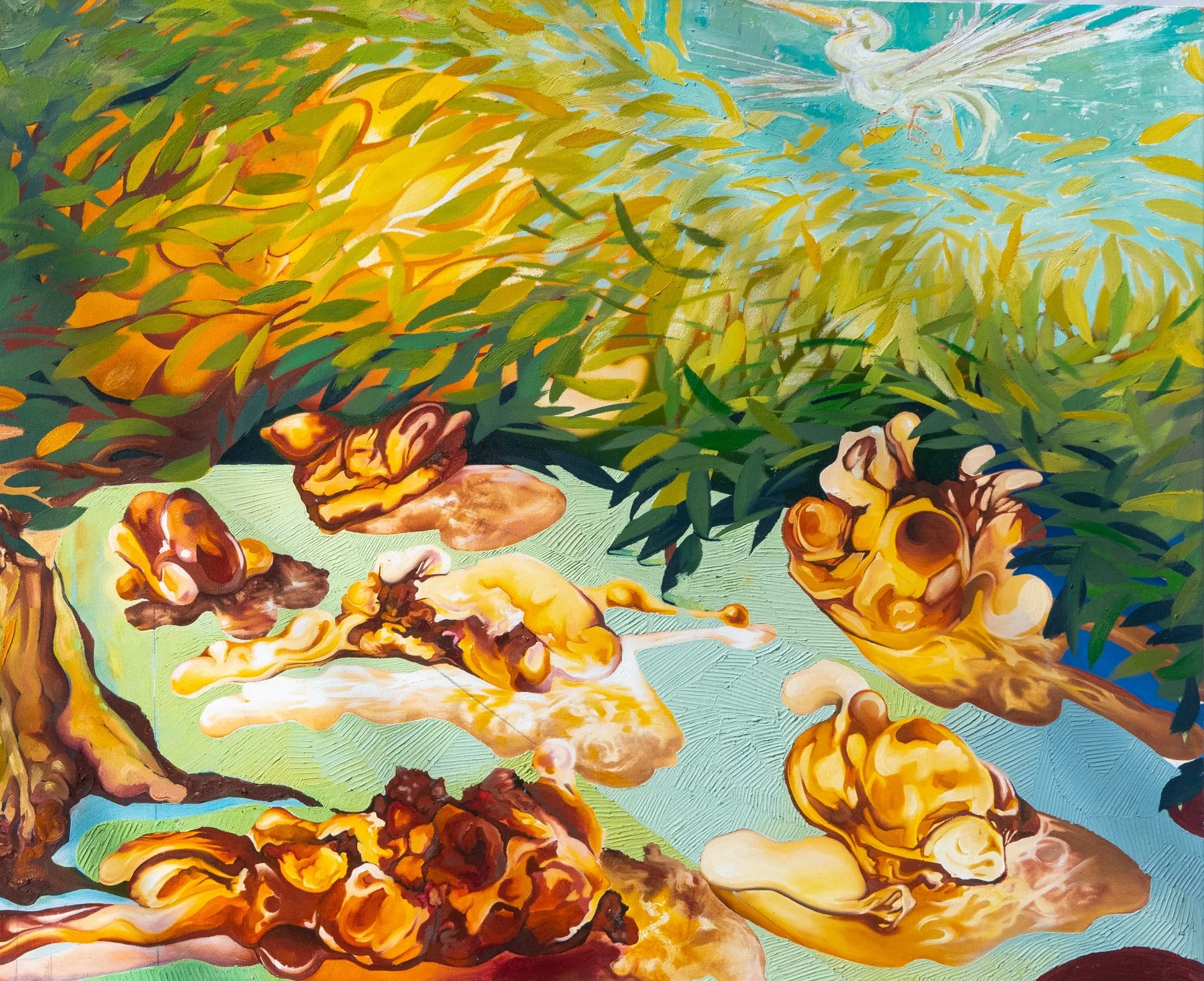 Amber and The Bird and The Key, 2025. Oil on canvas, 122 x 48 x 3 inches.