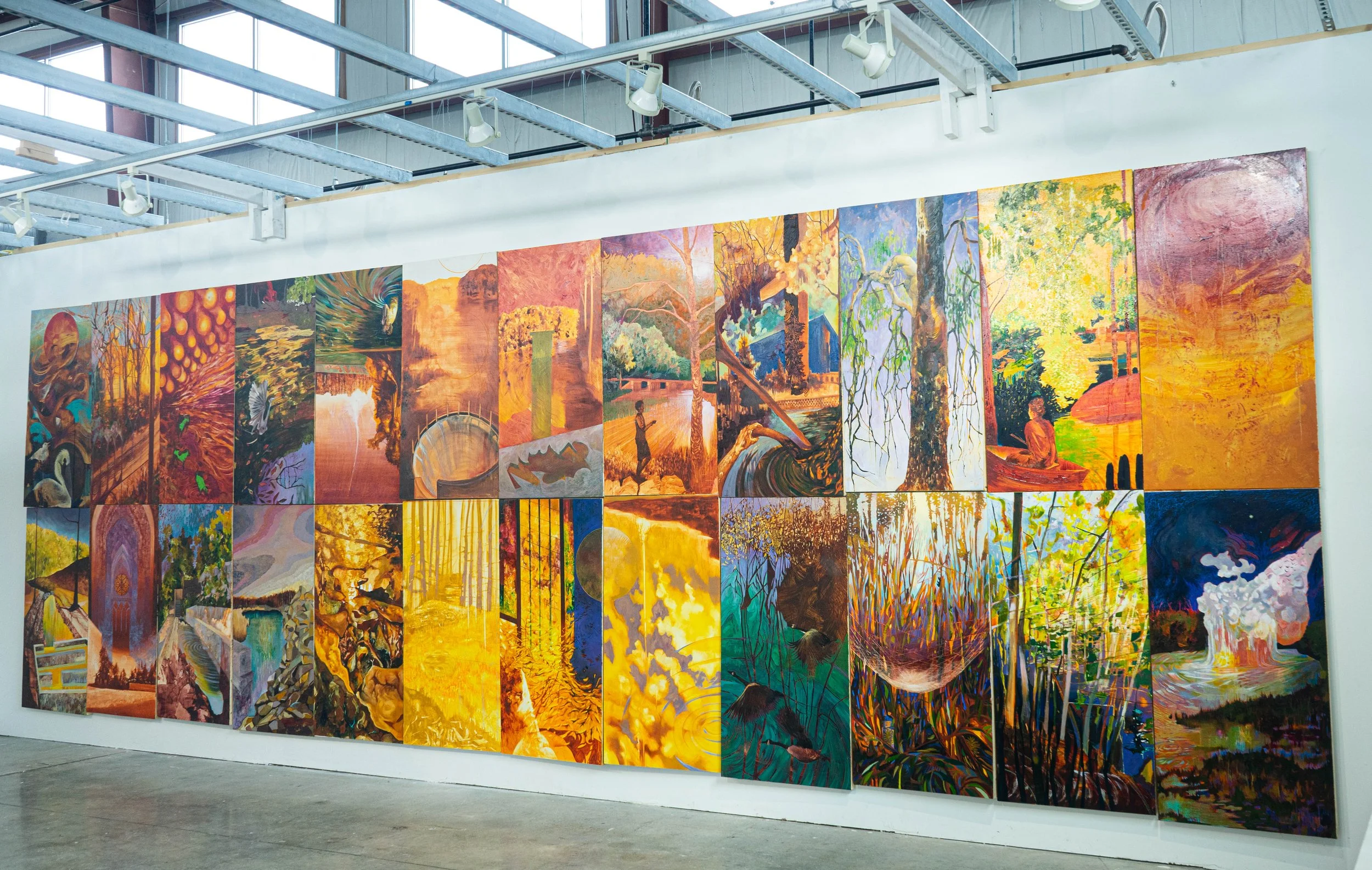 Land Credits (thesis installation in progress) 2026.
Oil on 24 poplar panels.
Full installation: 96" x 288" x 2" 