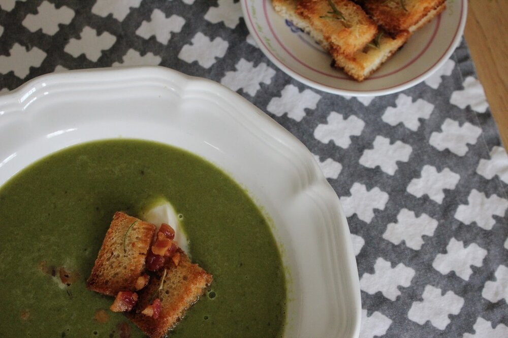 spring pea soup with pancetta and rosemary